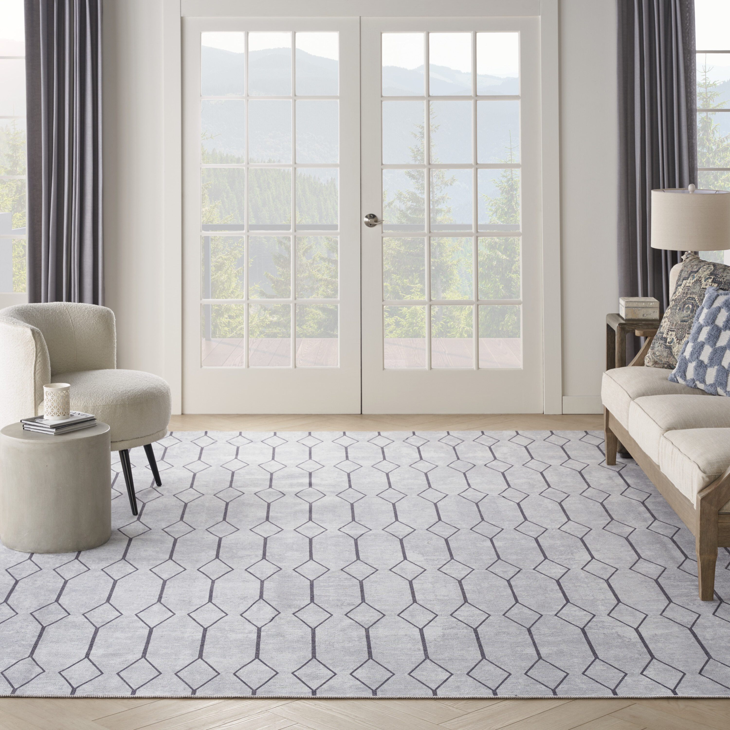 Ivory and Grey Geometric Washable Rectangular Rug