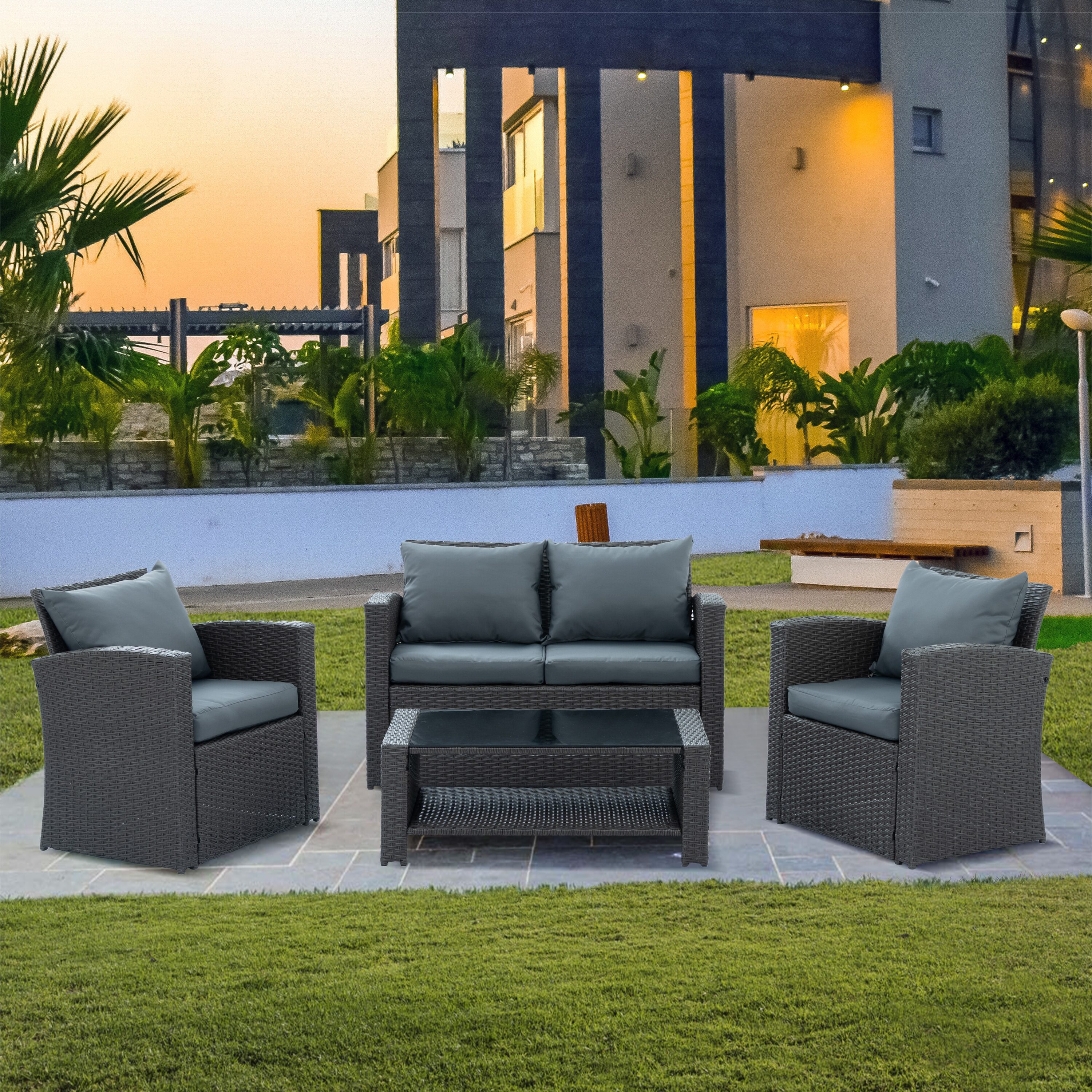 Tatayosi Patio Furniture; Outdoor Furniture; Seasonal PE Wicker Furniture; Four Set Wicker Furniture With Black Tempered Glass Coffee Table