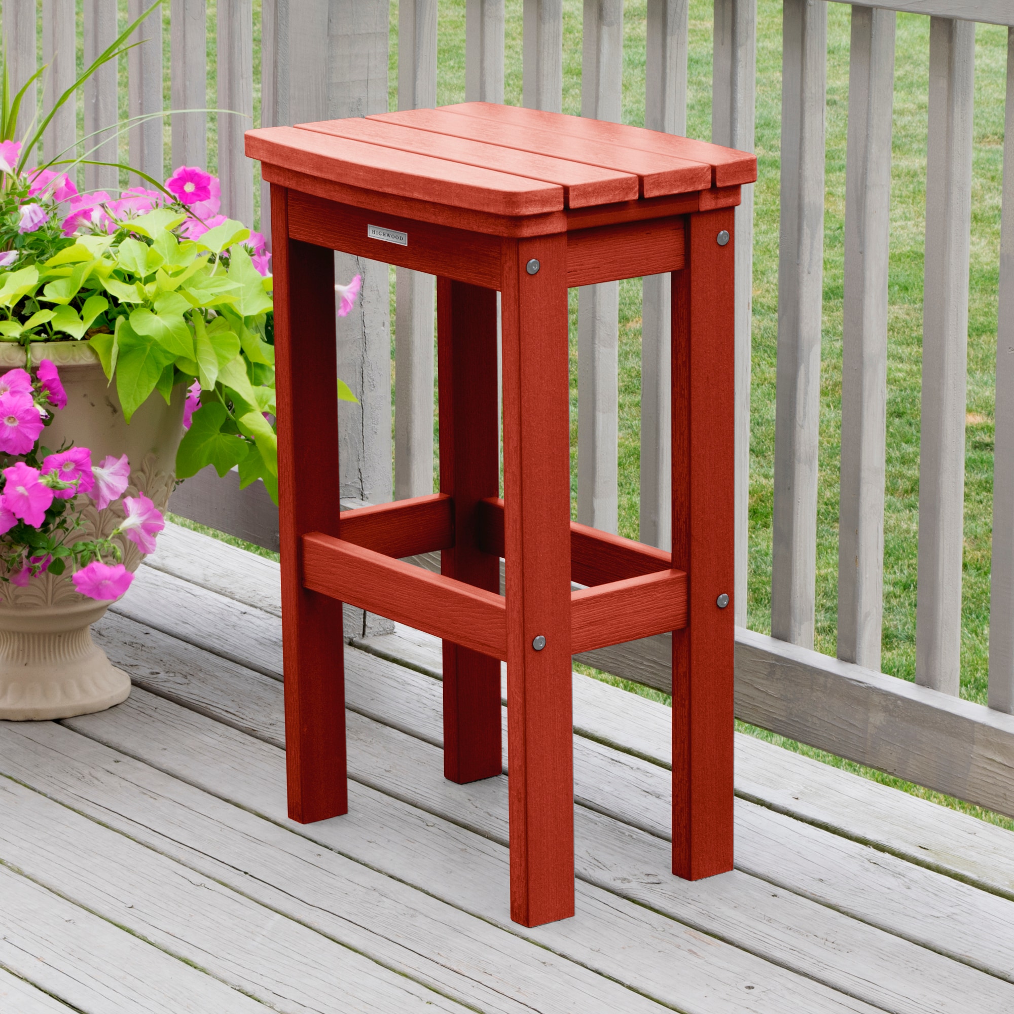highwood AD-CHR-KS3-RED The Lehigh Rustic Red Poly-lumber Frame Stationary Bar Stool Chair with Slat Seat
