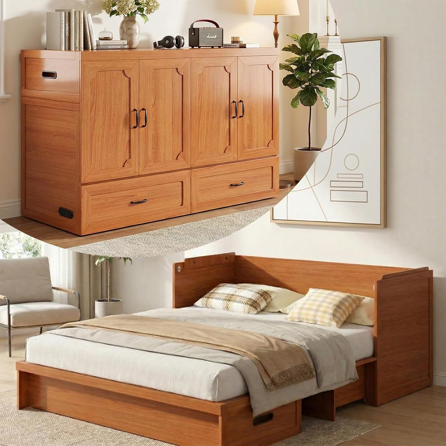Mjkone Queen Murphy Bed Cabinet Cherry Wood With Memory Foam Mattress USB Charger Storage Drawer