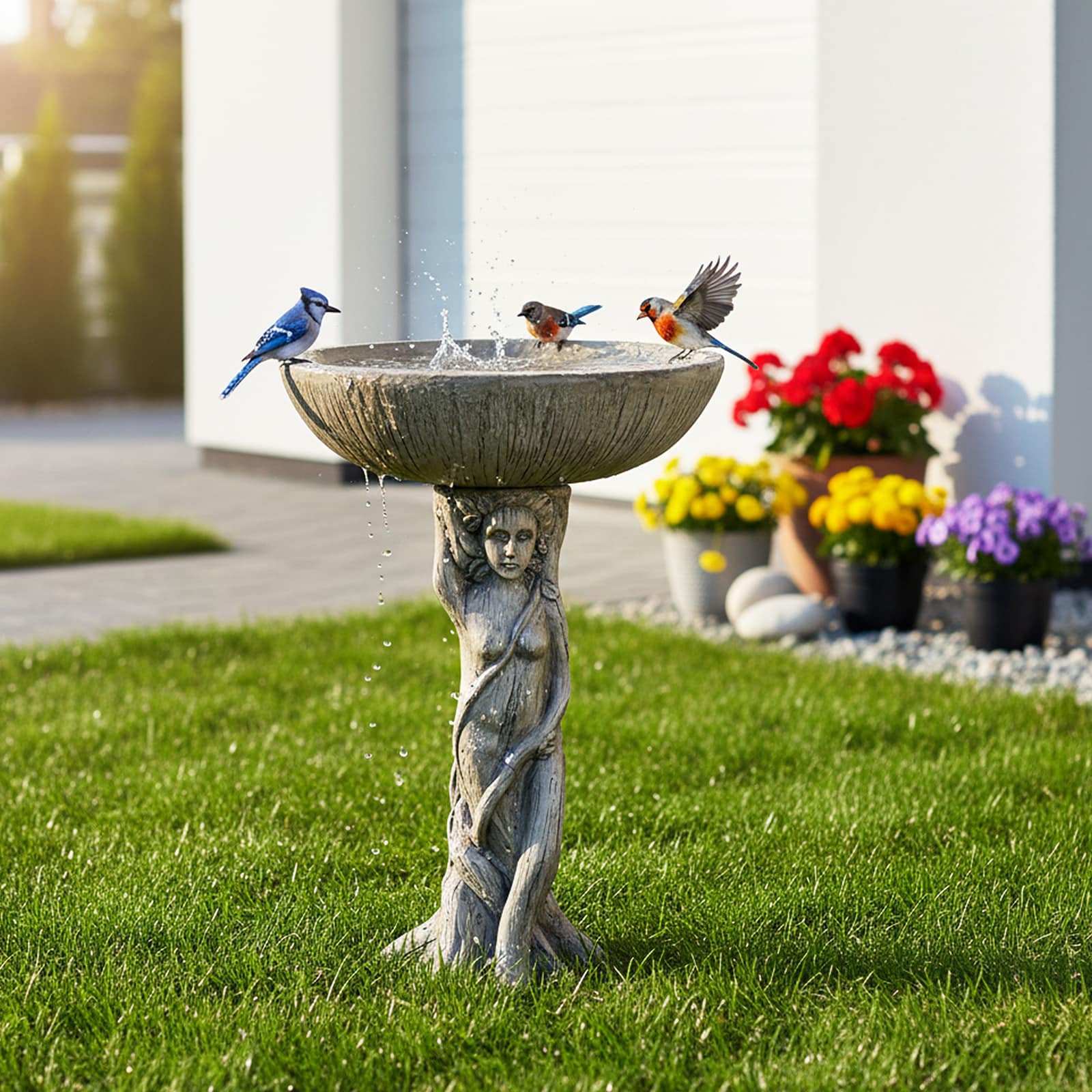 Watnature  25 Inch Outdoor Bird Bath Goddess Pedestal Concrete Birdbath Elegant Garden Water Bowl for Patio Yard Lawn