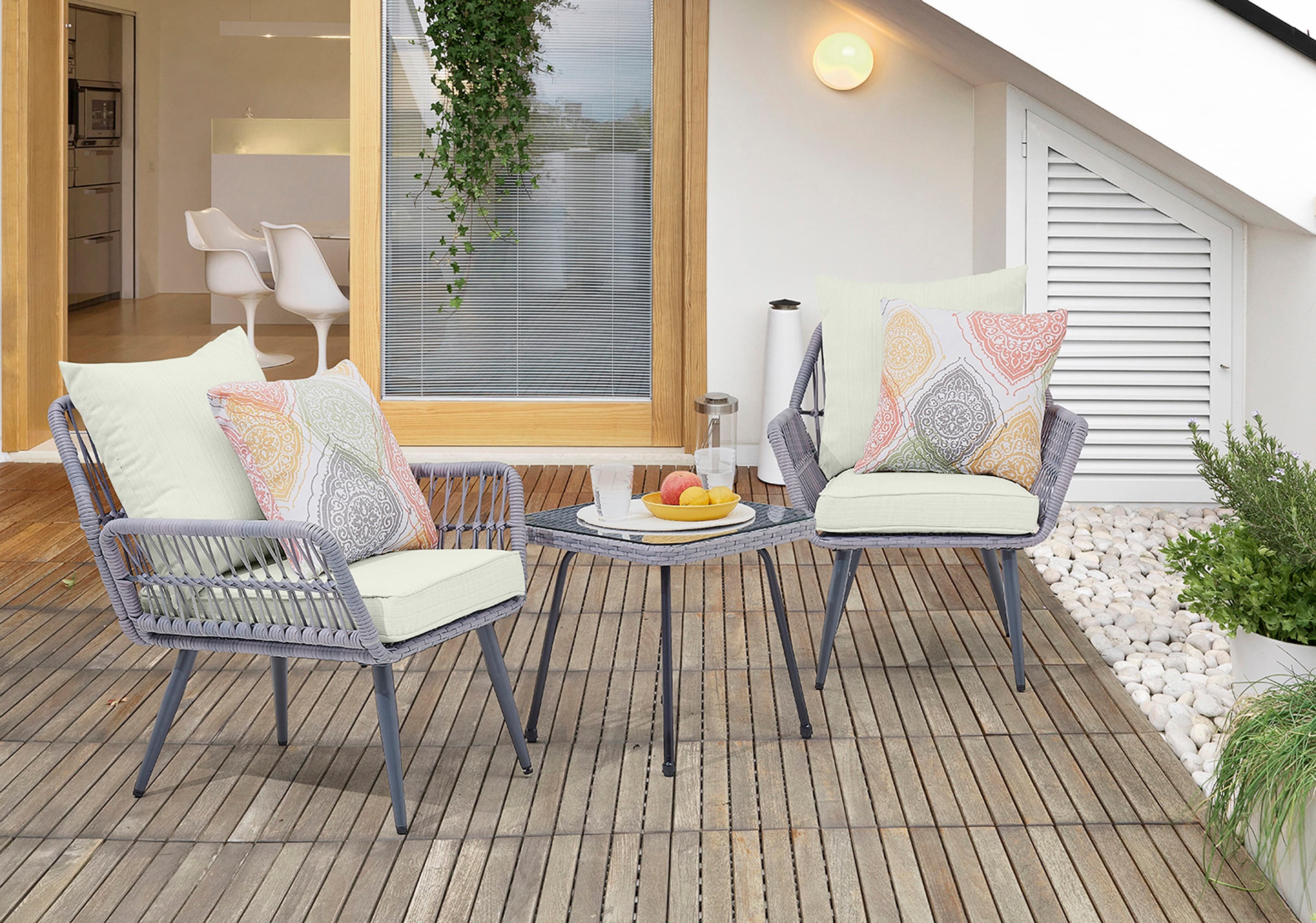 Manhattan Comfort OD-CV012-CR Antibes 1.0 3 -Piece Wicker Patio Conversation Set with Off-white Cushions