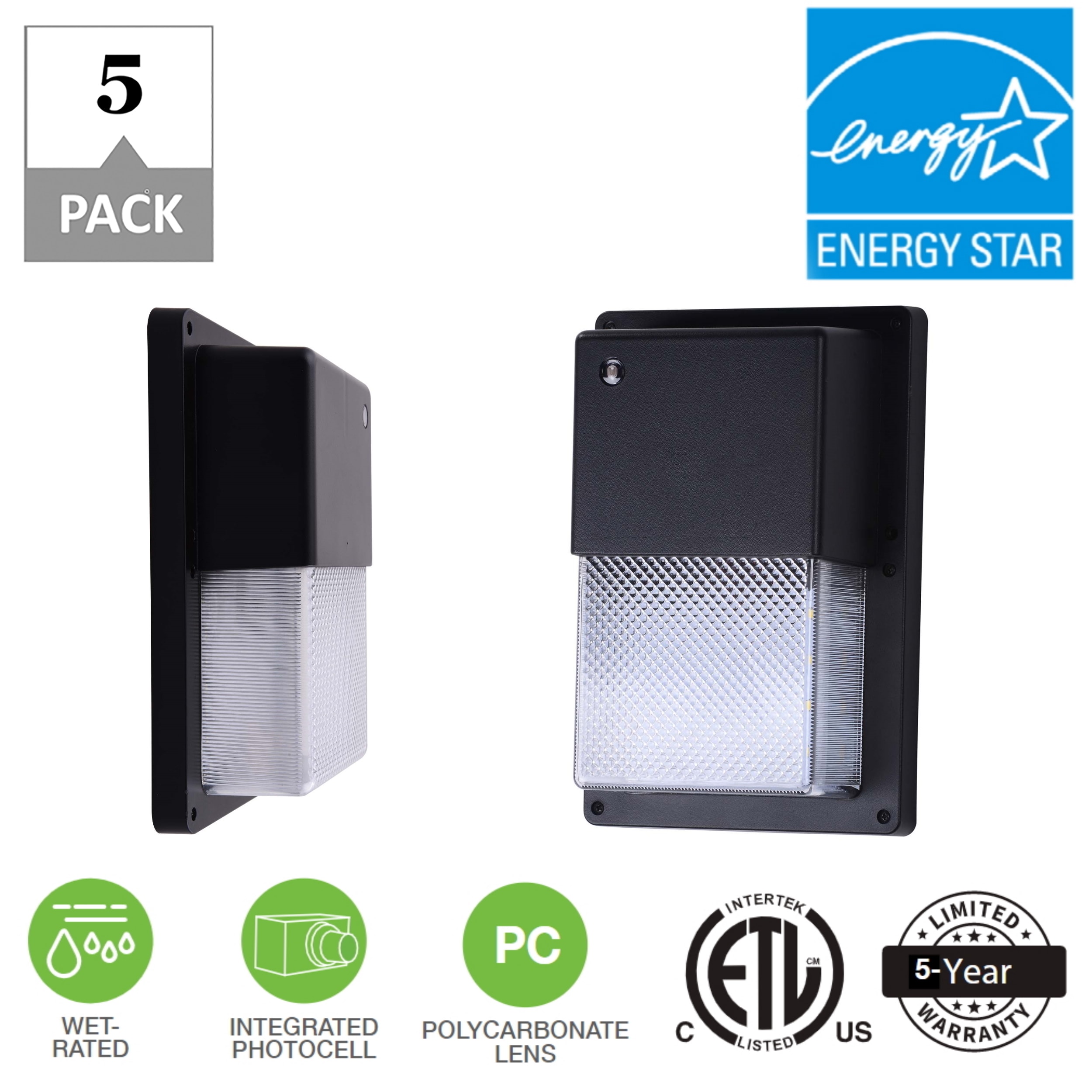 Simply Conserve 5-Pack 1050-Lumen 15-Watt Black Hardwired LED Outdoor Wall Pack Light