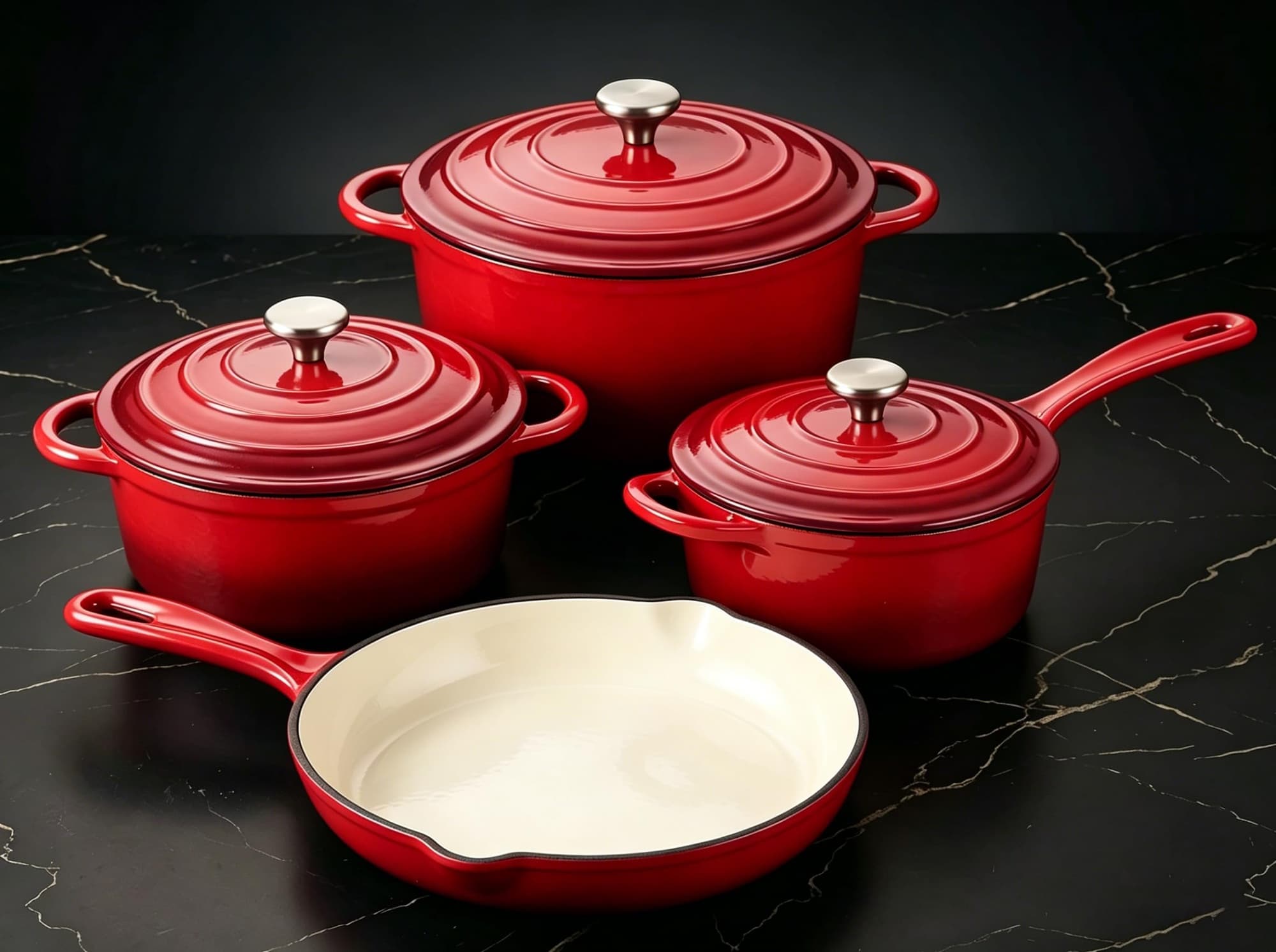 DHMHD  Nonstick Enameled Cast Iron Cookware Set 7 Pieces Pots and Pans with Lid Frying Pan Skillet Sauce Pan Dutch Oven Pot for Bread Baking Rouge
