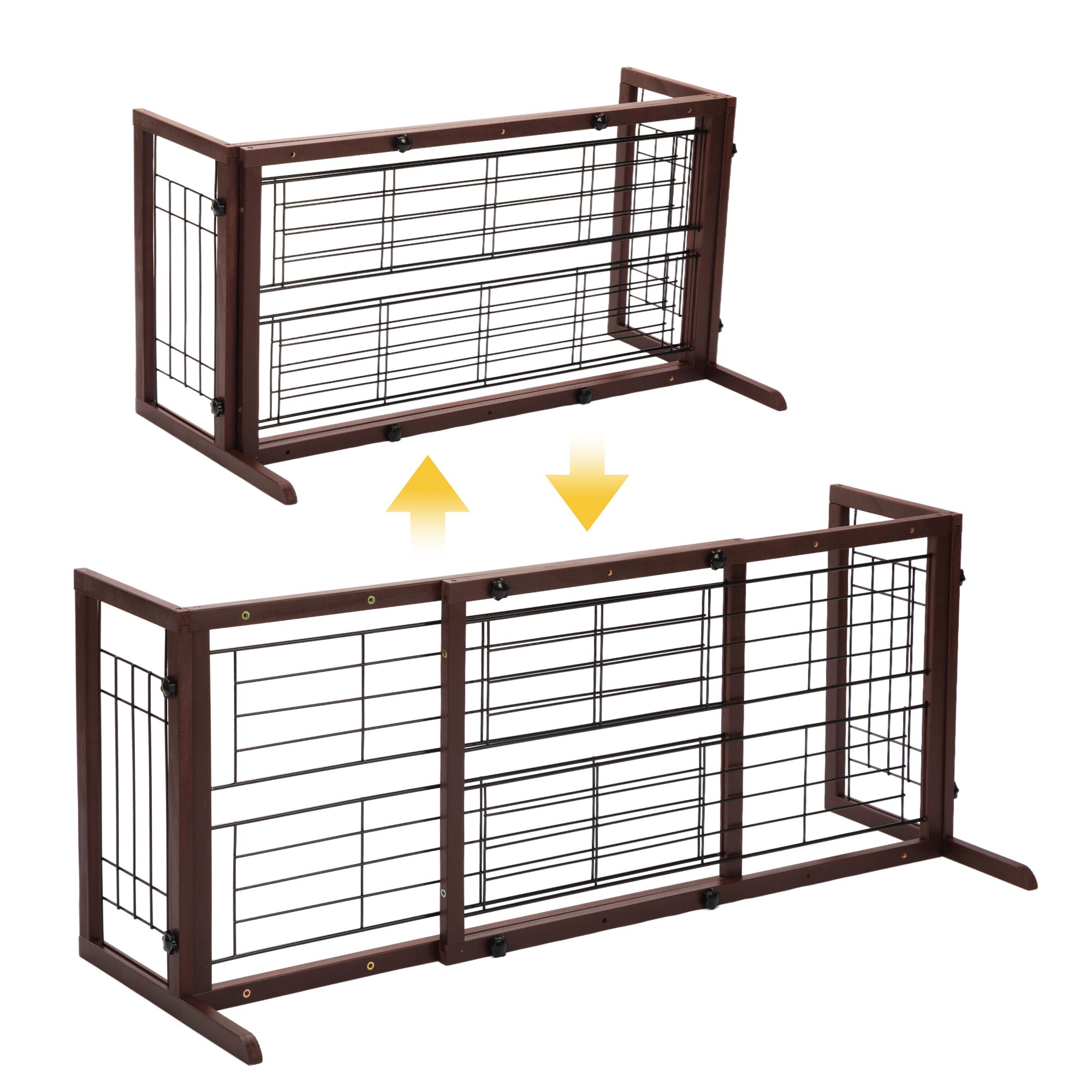 Expandable Brown Solid Wood Freestanding Pet Gate with Wire Mesh