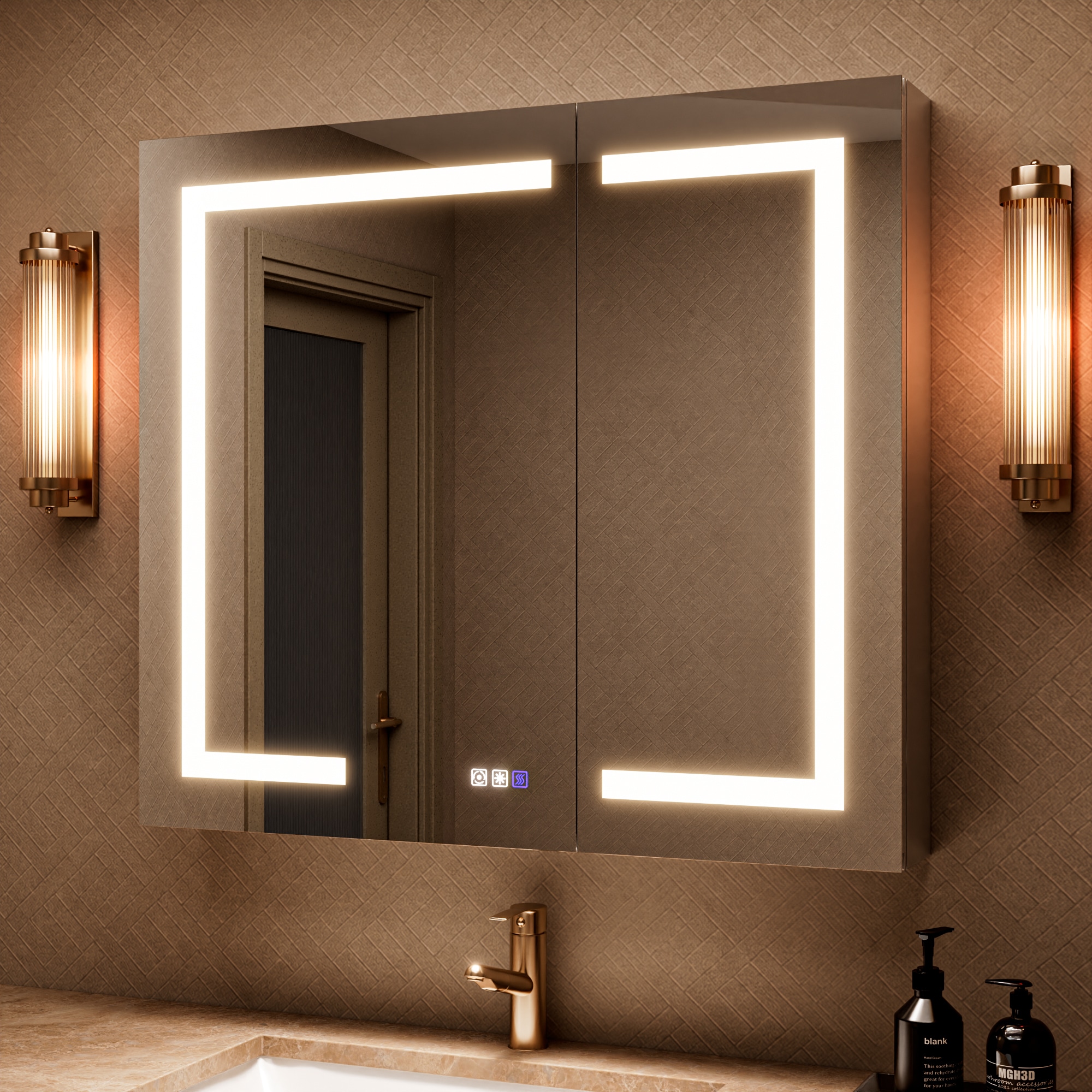 ExBrite 36-in W x 32-in H Lighted LED Fog Free Surface/Recessed Mount Silver Mirrored Rectangle Soft Close Medicine Cabinet with Outlet