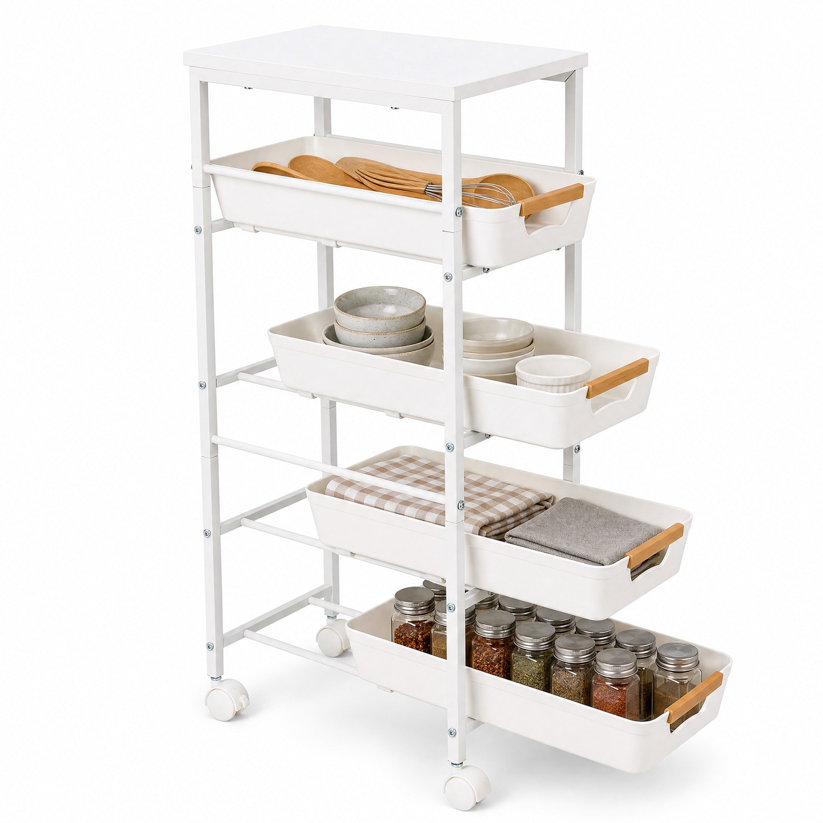 IdealHouse Slim 5-Tier Rolling Storage Cart with Wooden Tabletop - Space-Saving Kitchen Utility Organizer - Pull-Out Baskets and Wheels - Ideal for Pantry Bathroom Laundry - 9.4 Inch Wide