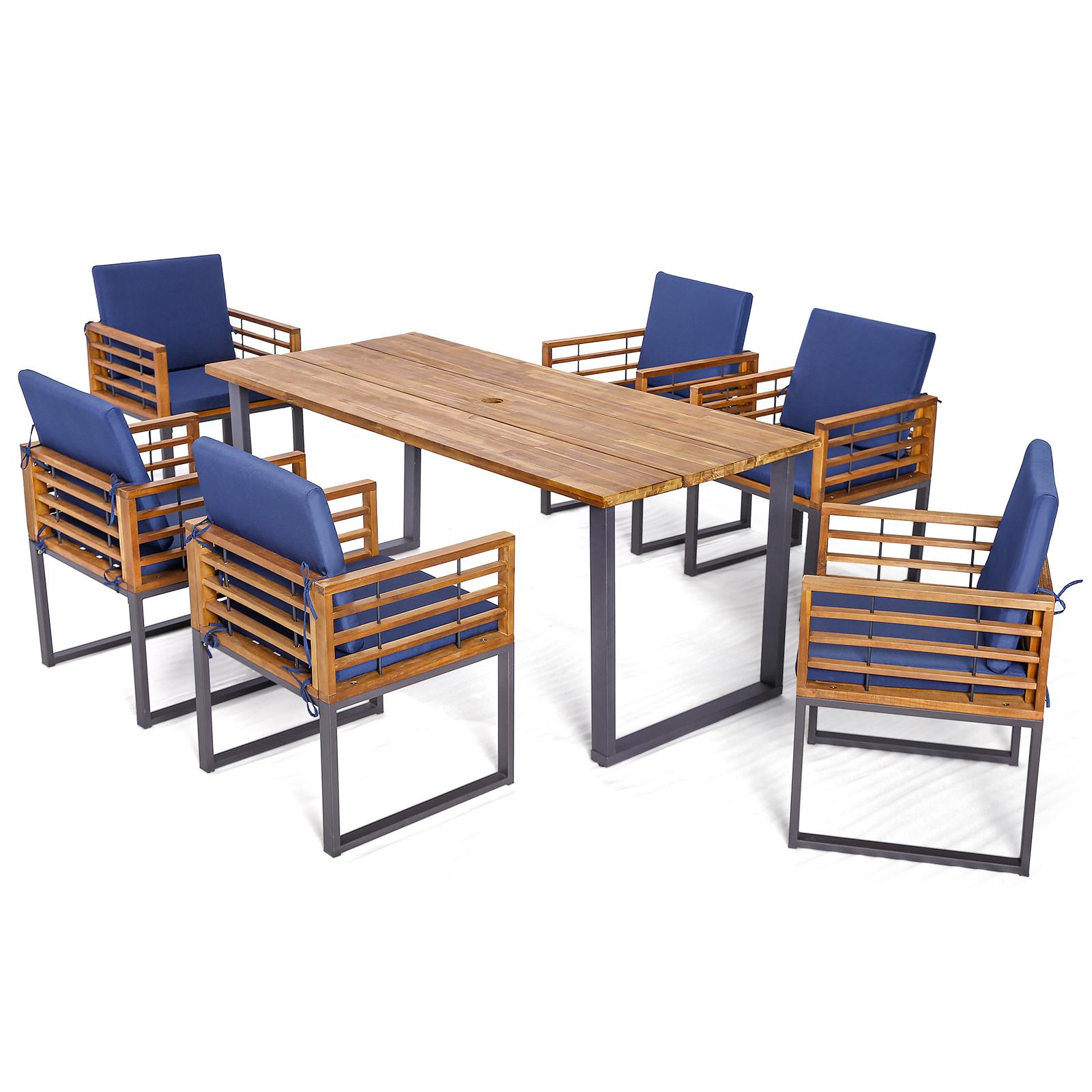 BABOOM BOM-0983NY+-CO Outdoor Dining Set 7 -Piece Black Patio Dining Set Wood Rectangle Table with 6 Navy Cushions Stationary Chairs