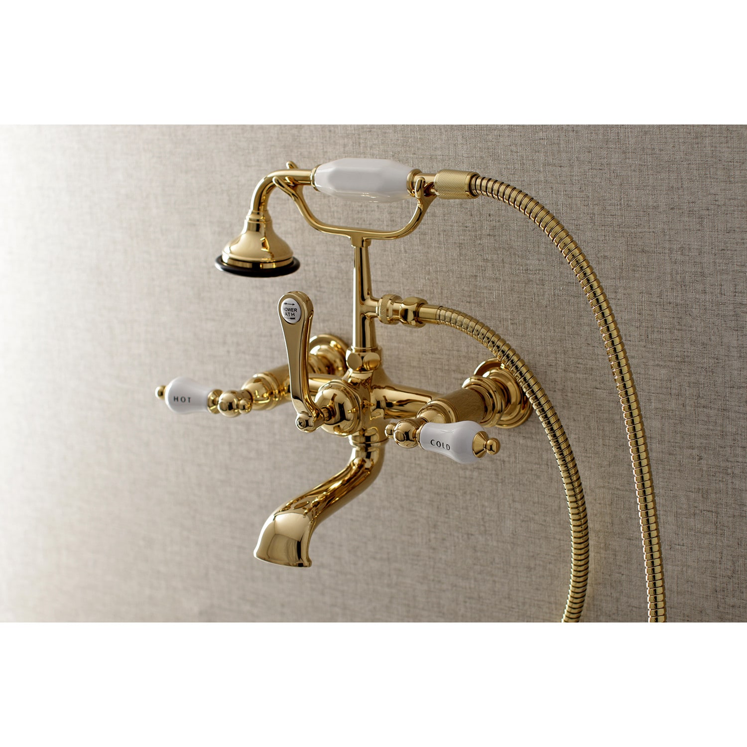 Kingston Brass WLAE555T2 Vintage Polished brass 3-handle Wall-mount Low-arc Bathtub Faucet with Hand Shower ( Valve Included )