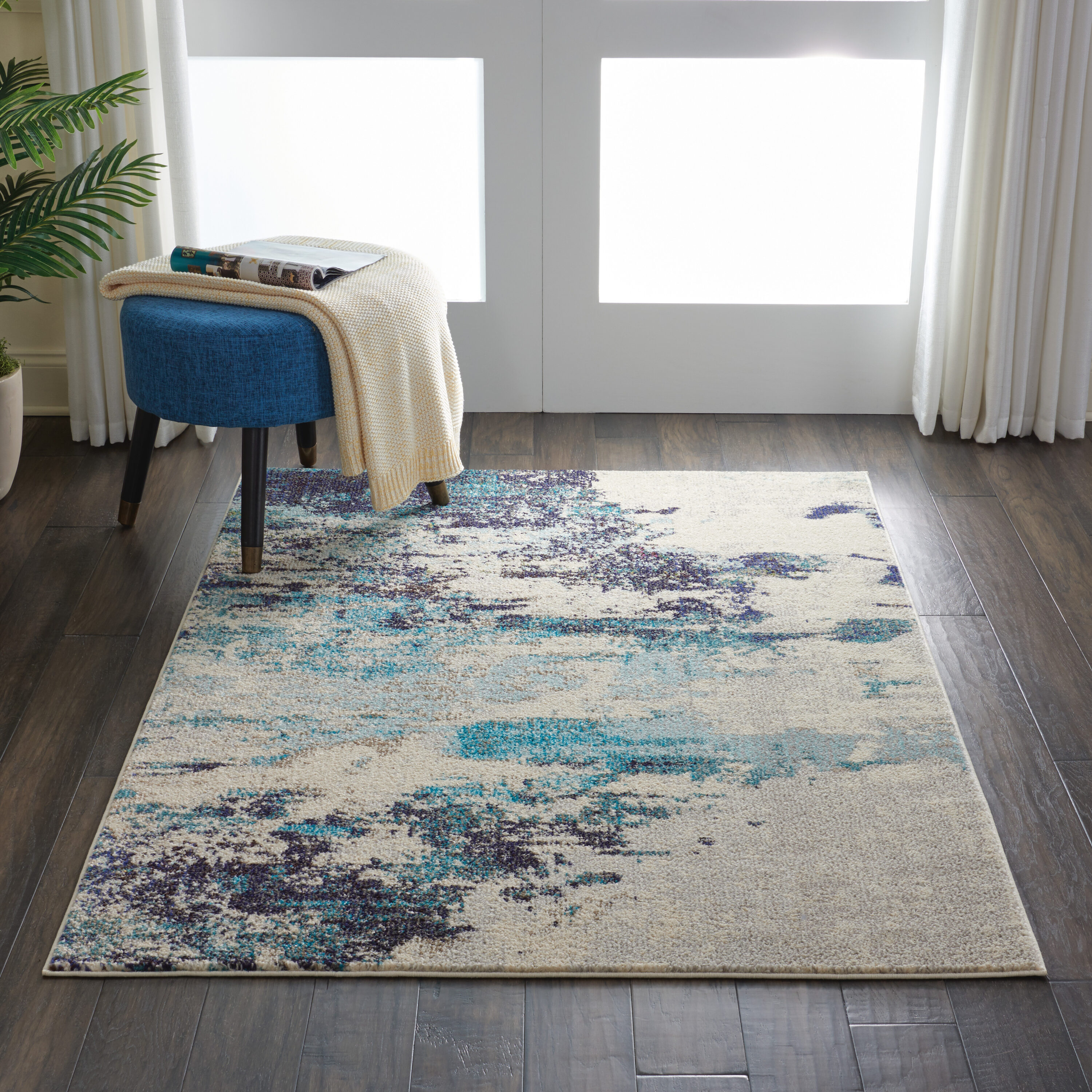 Nourison 99446460585 Celestial 3 x 5 (ft) Loomed Ivory/Teal Blue Rectangular Indoor Ombre Area rug