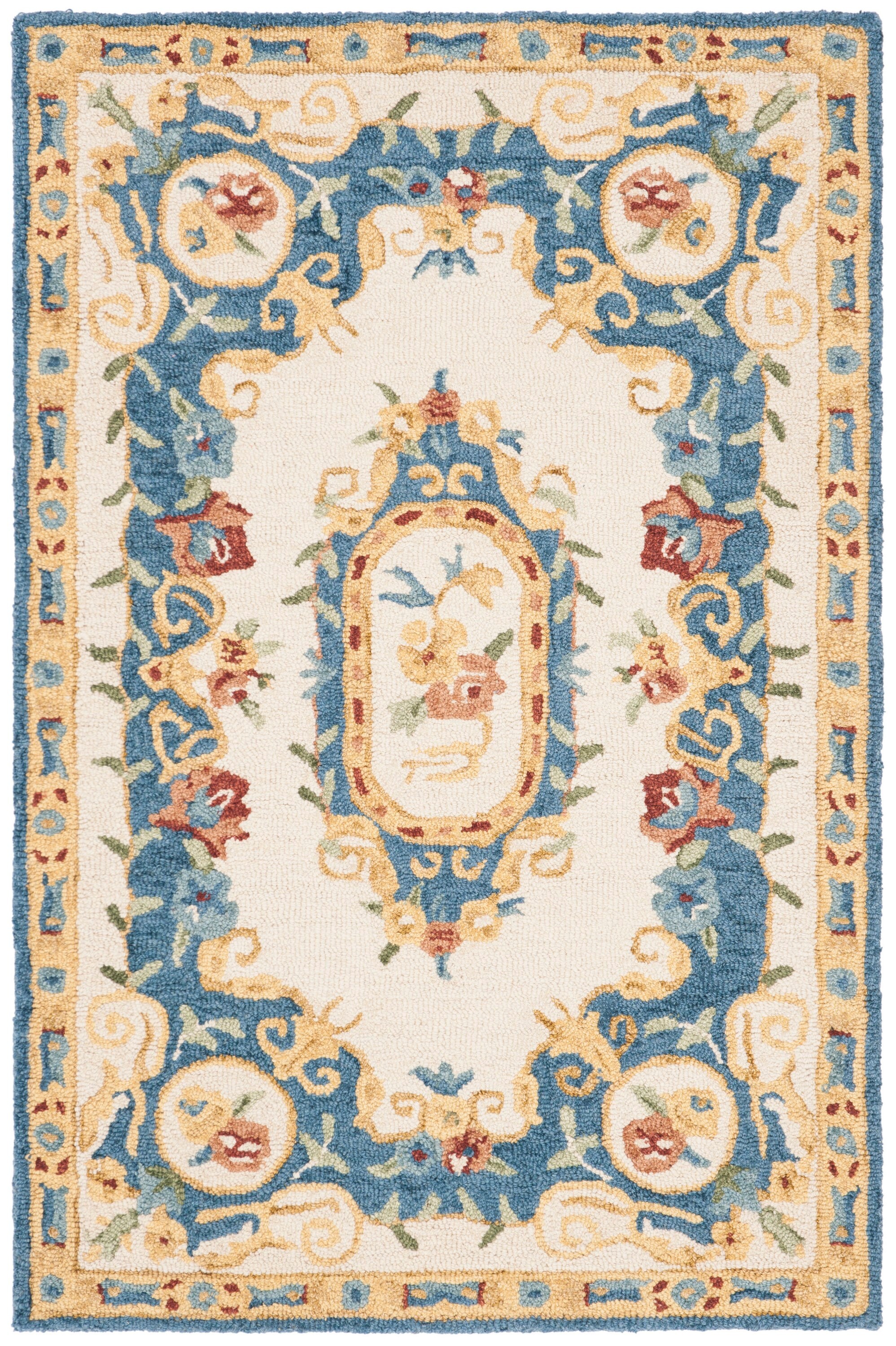 Handmade Cream and Blue Floral Wool Area Rug