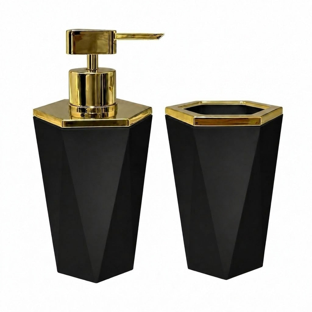 Aoibox  Hexagonal Black and Gold 2 Piece Bathroom Countertop Set with Soap Dispenser and Toothbrush Holder Kit