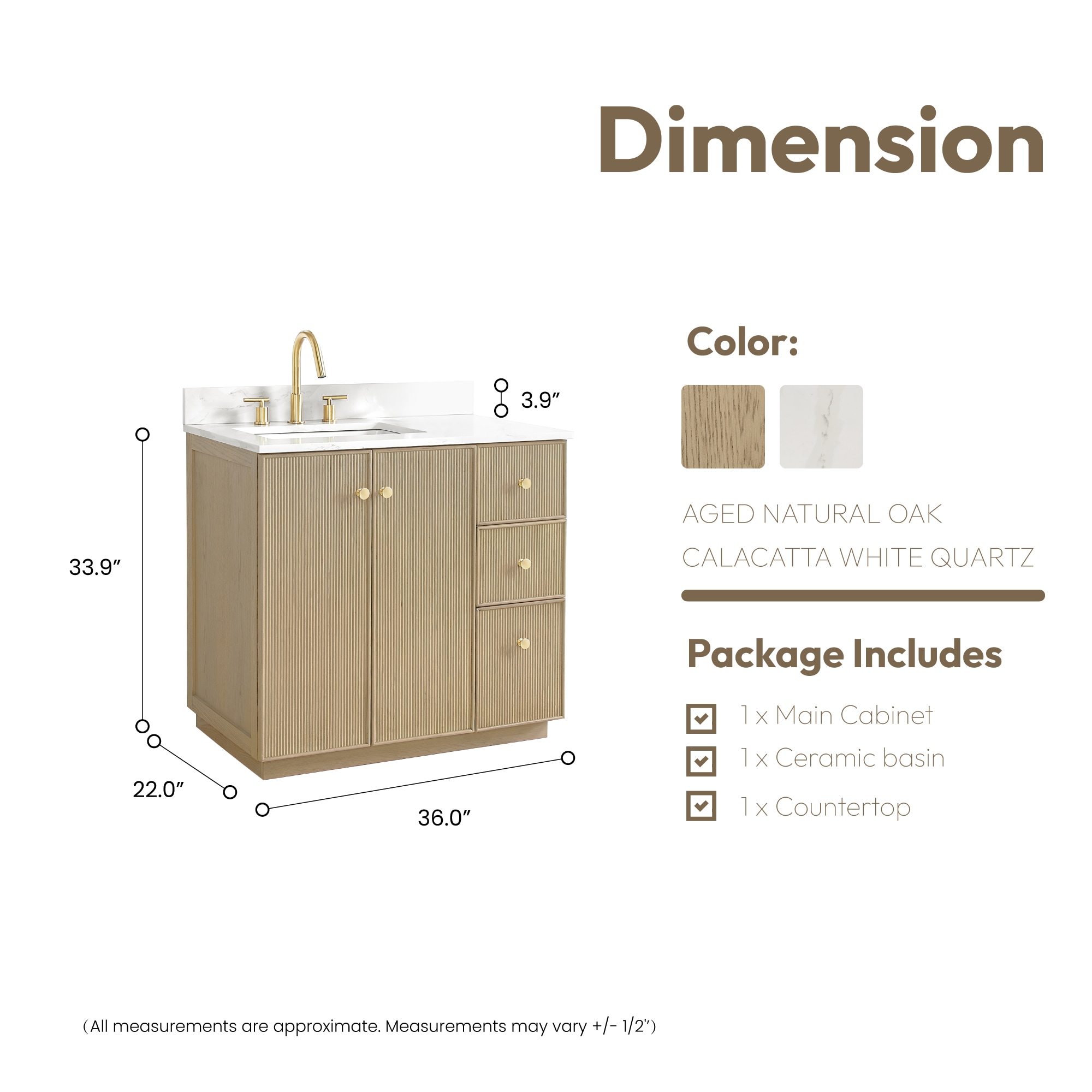 Oza 36" Single Bath Vanity in Natural Oak with Quartz Top