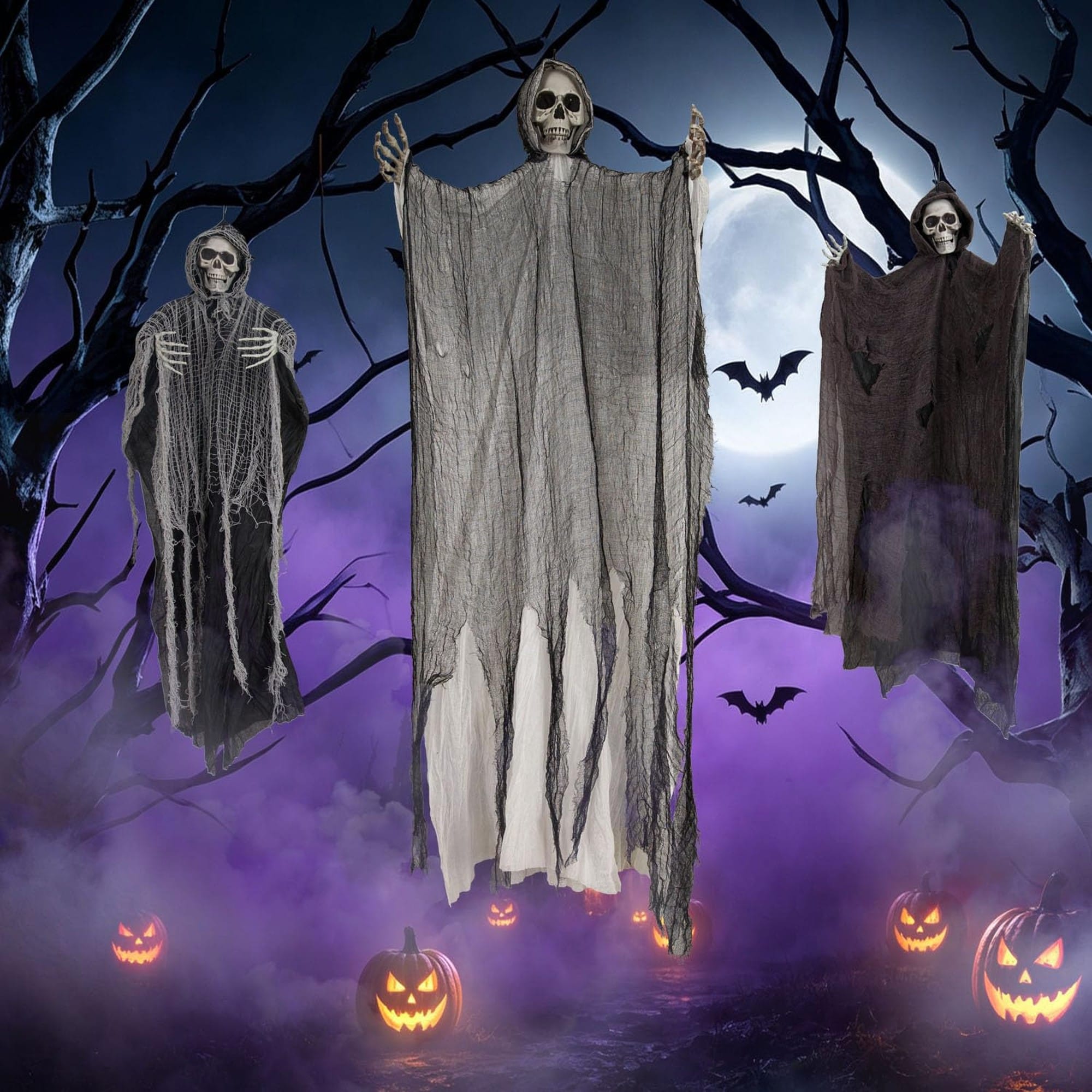 Numhew 59in H 3-Piece Black and White Hanging Skeleton Ghost Decorations