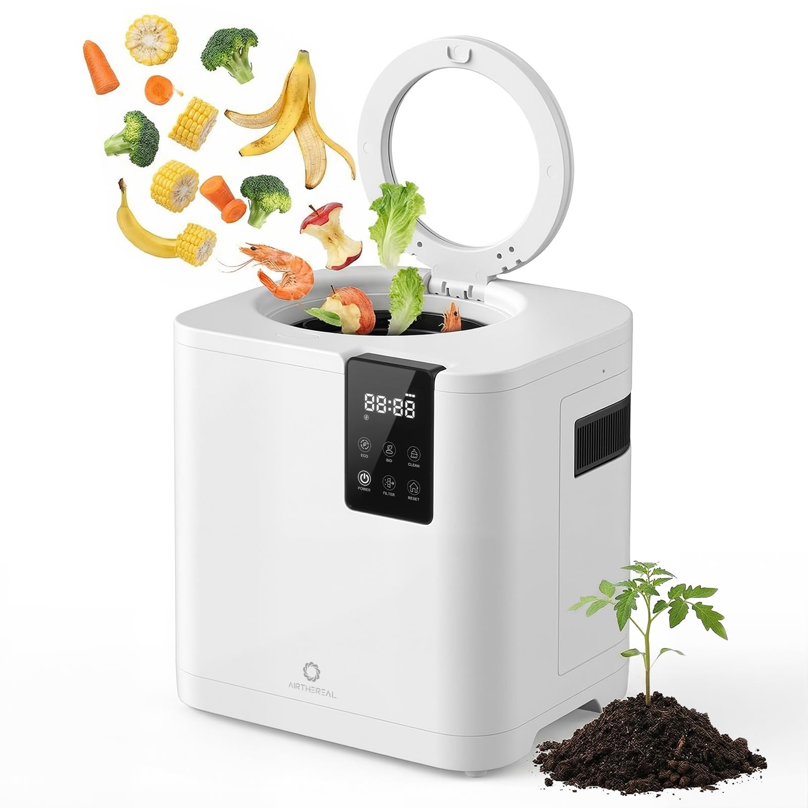 Airthereal  Revive R800 Lite Electric Kitchen Composter 5L Countertop Food Waste Recycler with Self Cleaning Odorless Operation Touch Screen Quiet Fast Composting for Home No WiFi Smart Odorless Garbage Disposal Recycling Machine White
