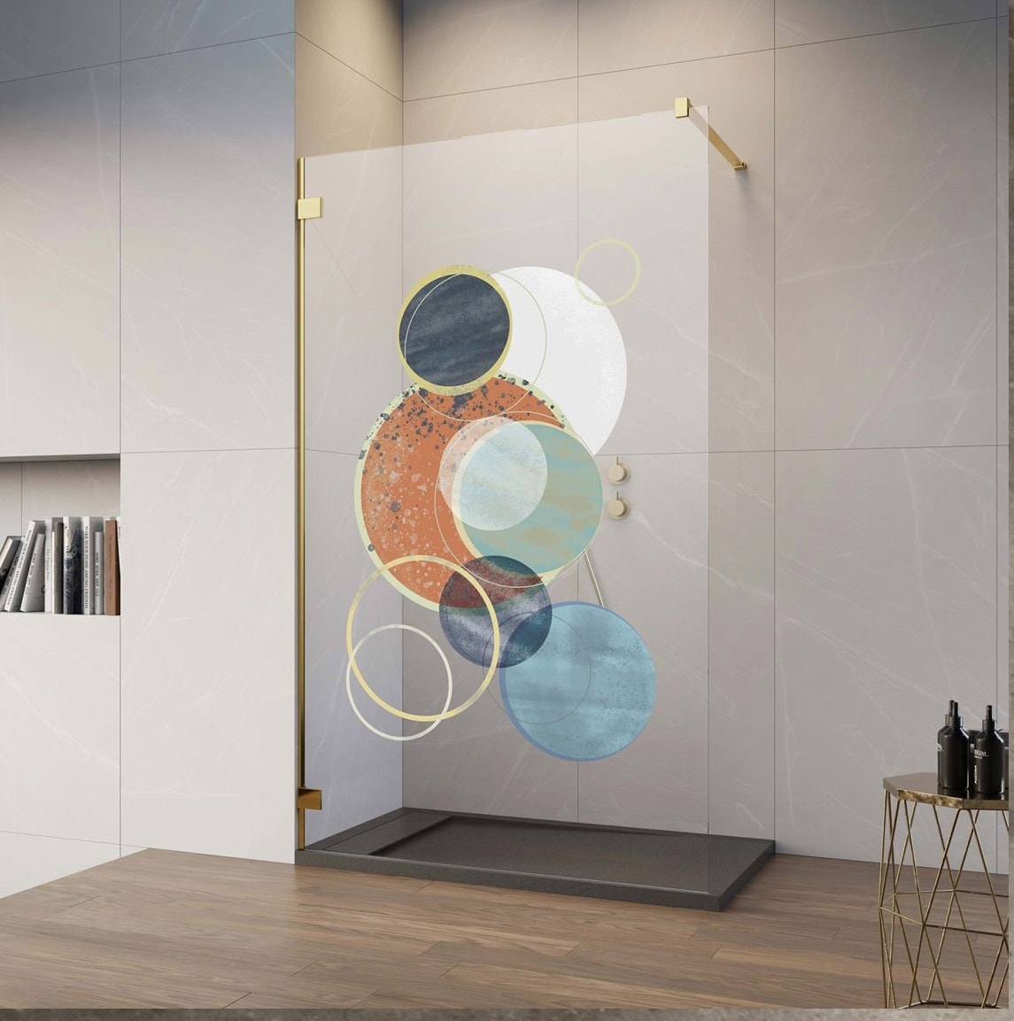 Distinct Kitchen and Bath 0001 Our artistic shower glass panels are uniquely designed and manufactured to make your bathroom aesthetically appealing, unique and functional. Using the tempered glass, you can be sure that your shower will look beautiful for years to come.