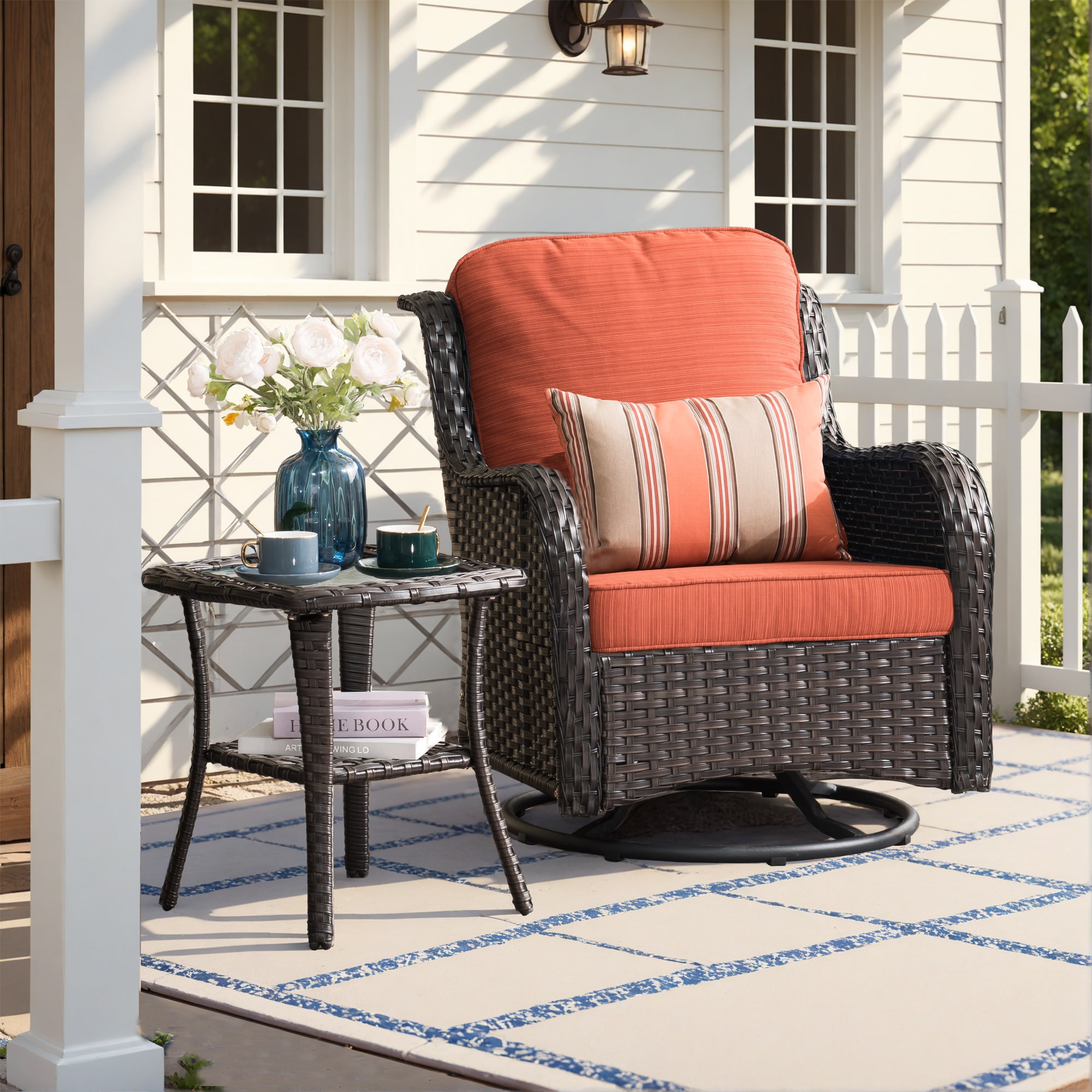 Pouuin SYZGNTC8-1 Wicker Gray Metal Frame Swivel rocker Rocking Chair with Orange Cushioned Seat