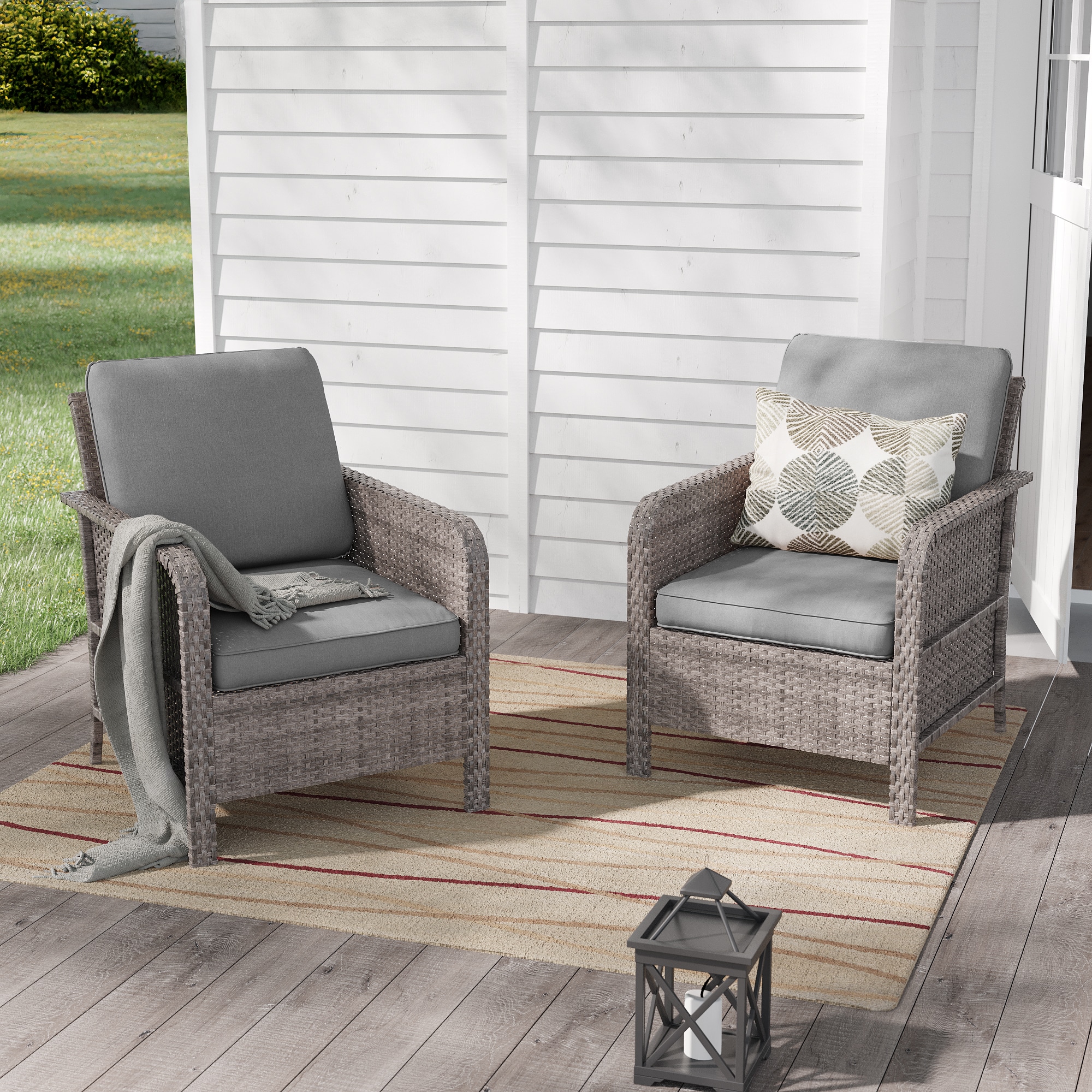 Sonkuki SD-PS-S2BGY patio chiars Set of 2 Wicker Gray Wicker Frame Stationary Conversation Chair with Gray Cushioned Seat