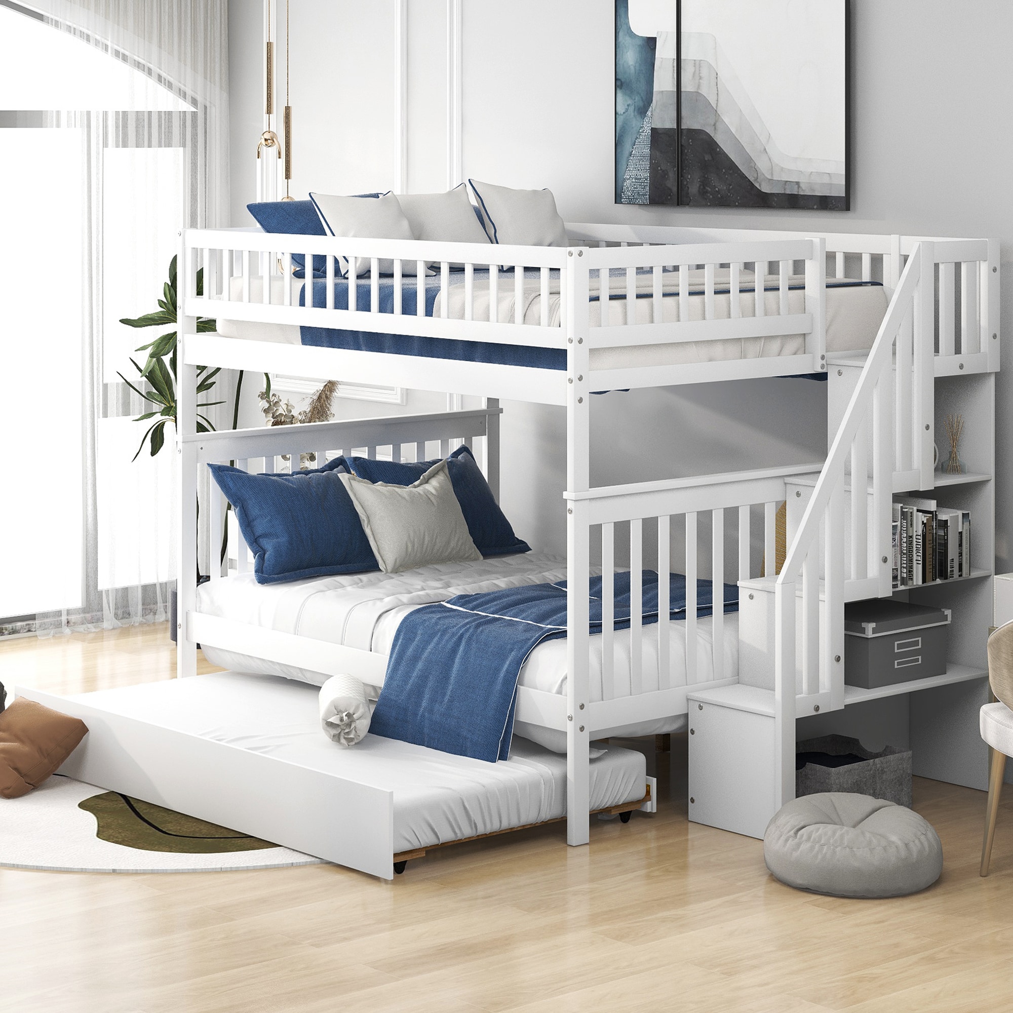LOVMOR Full over Full Bunk Bed with Trundle and Staircase White in the ...