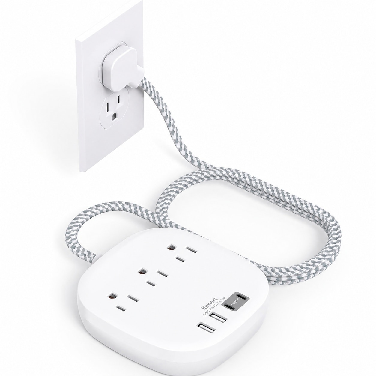 UUDULY  Power Strip Surge Protector Flat Plug Long Extension Cord 10 Feet with 8 Widely Spaced Outlets and 6 USB Charging Ports Including USB C