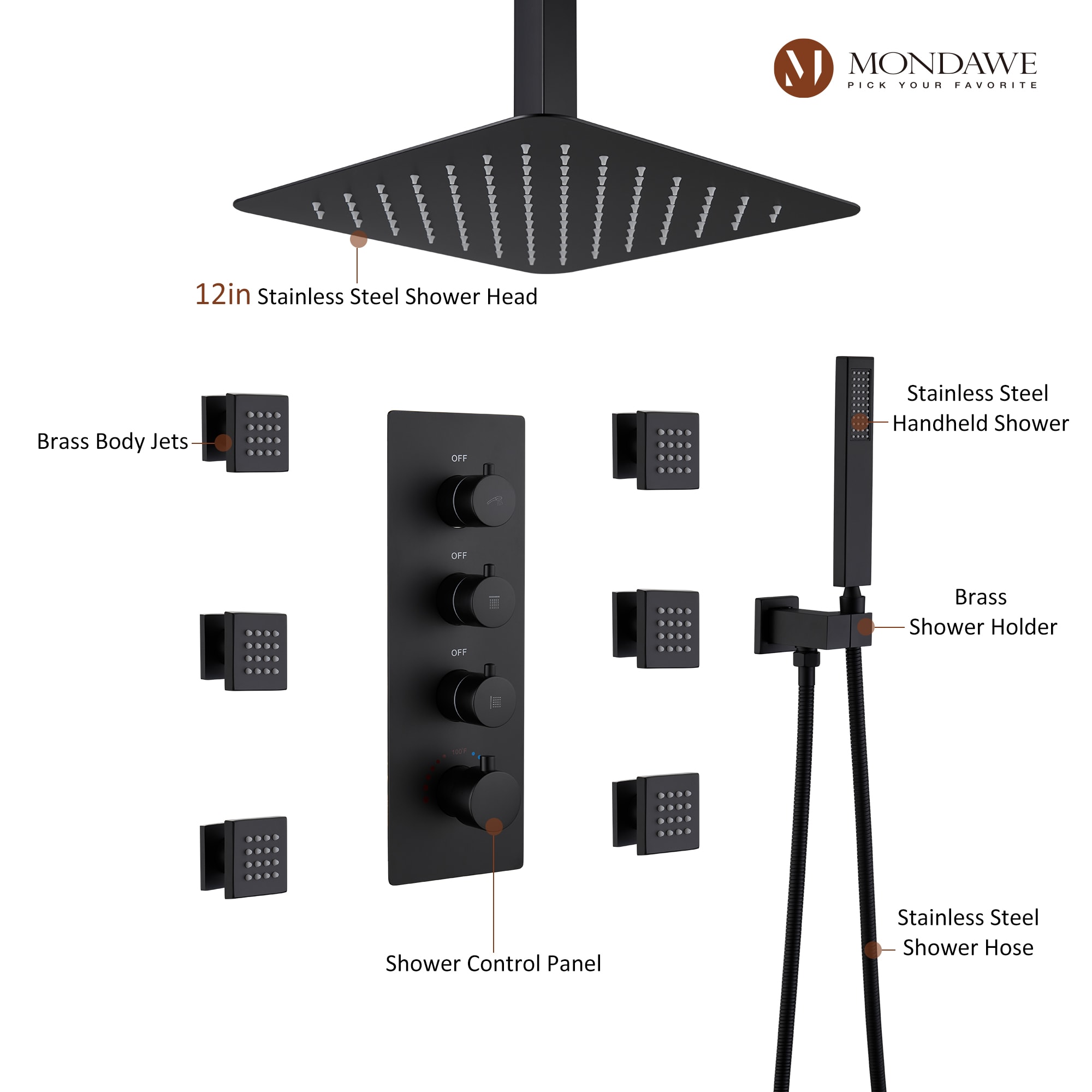 Mondawe WF6310-12BL Showerhead-Bar-Panels - View #6