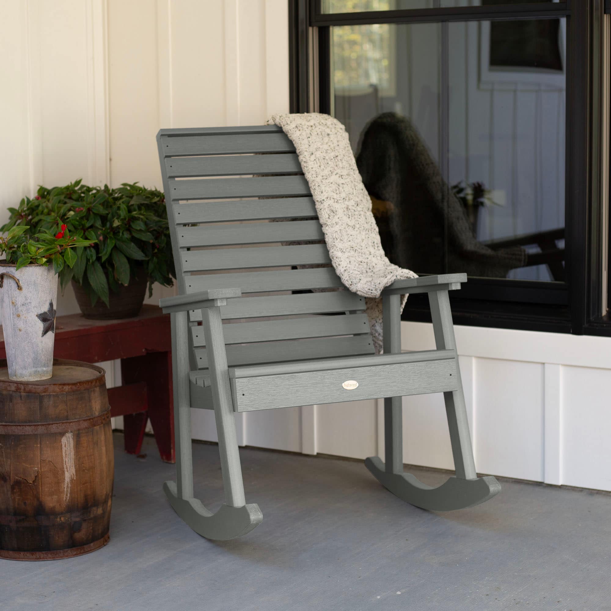 highwood AD-RKCH2-CGE The Weatherly Coastal Teak Poly-lumber Frame Rocking Chair with Slat Seat
