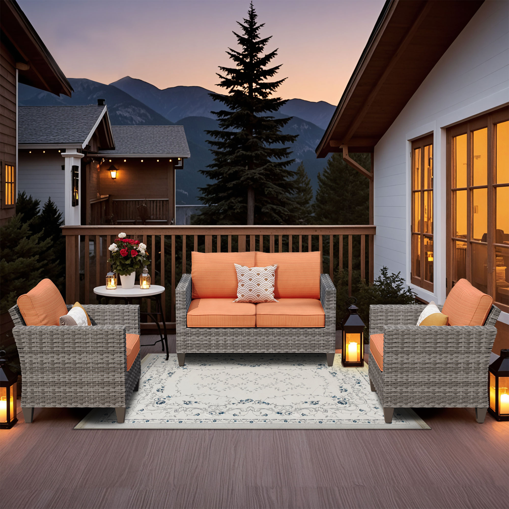 Pouuin SGR803 3 -Piece Wicker Patio Conversation Set with Orange Cushions