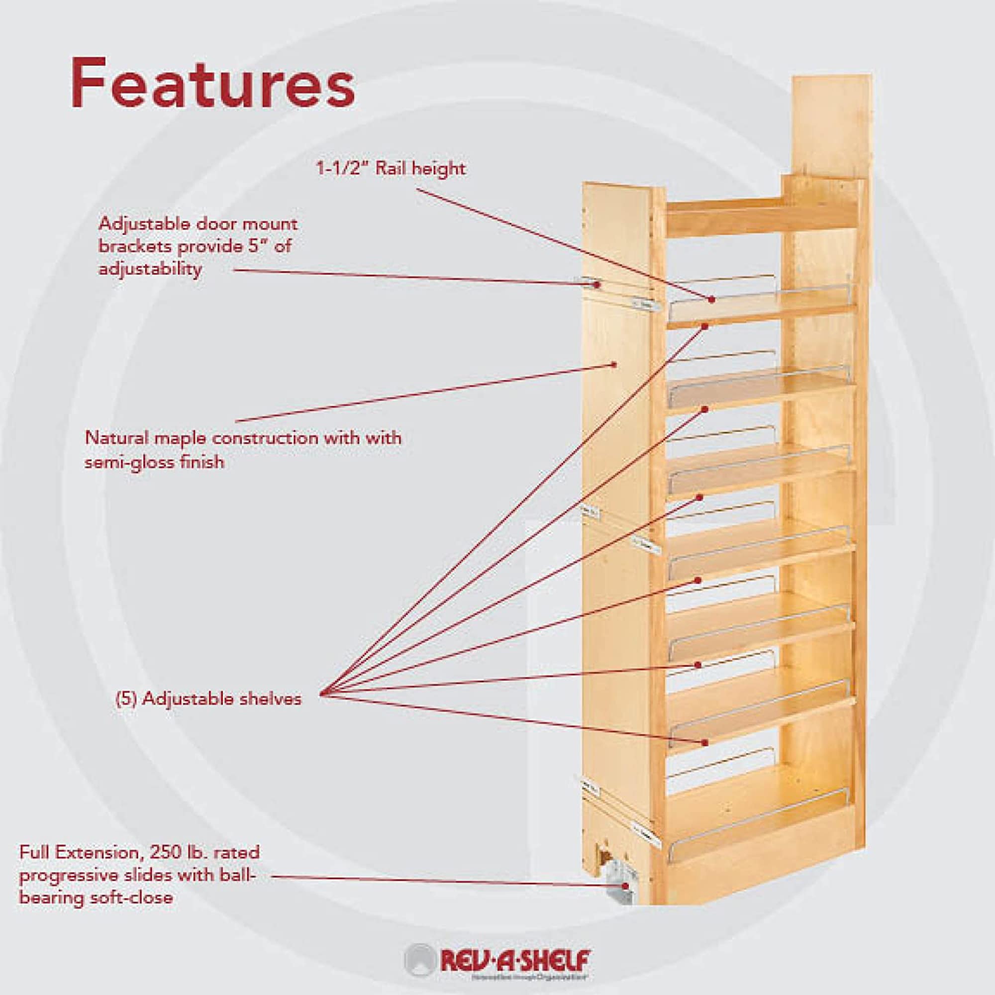 Rev-A-Shelf 8 Pull Out Base Cabinet Organizer with Adjustable Shelves and  Soft-Close Slides for Kitchen or Vanity Cabinets, Maple Wood,448-TP58-8-1