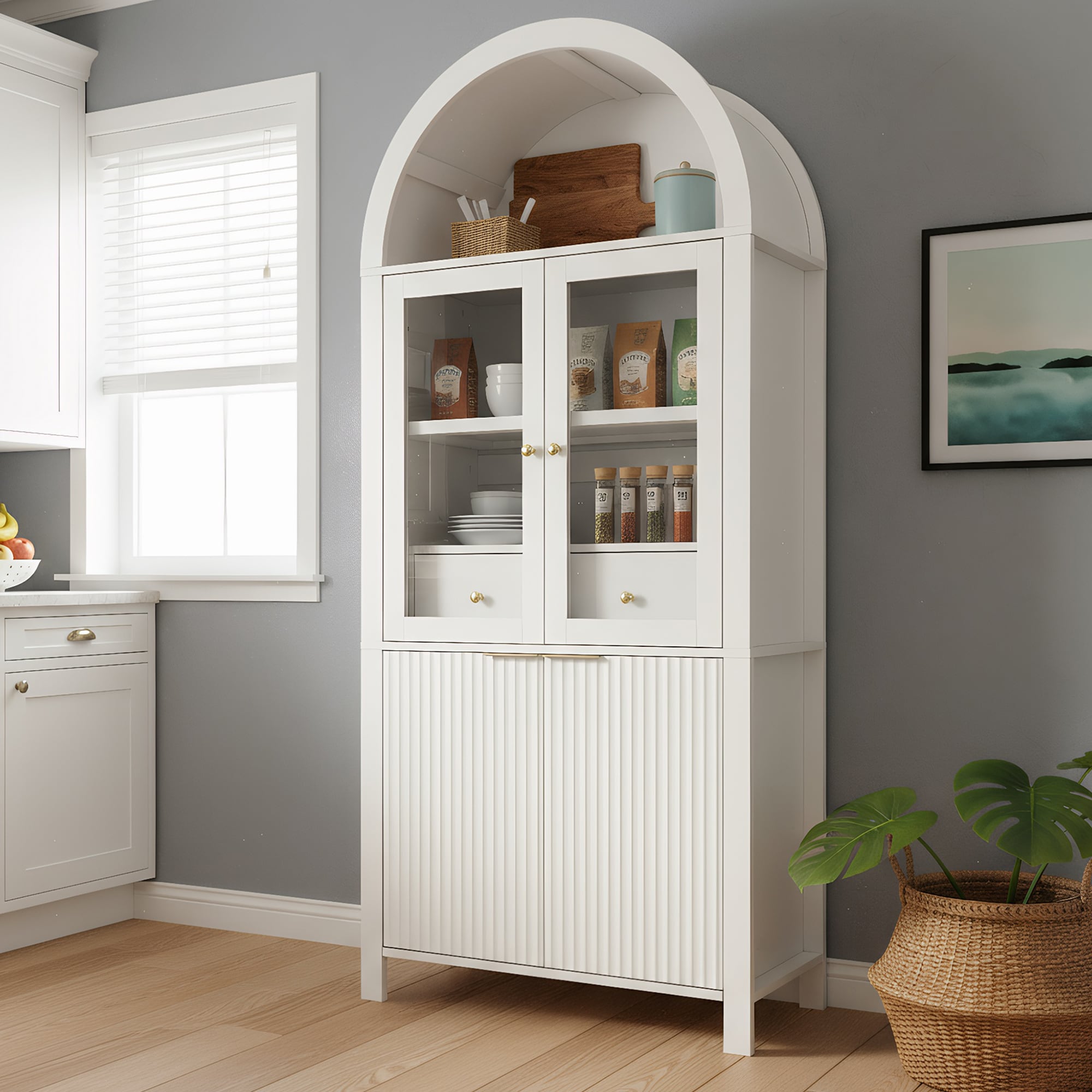 Boyel Living 71 Inch Fluted Tall Arched Pantry Cabinet with Glass Door and Hidden Drawer White