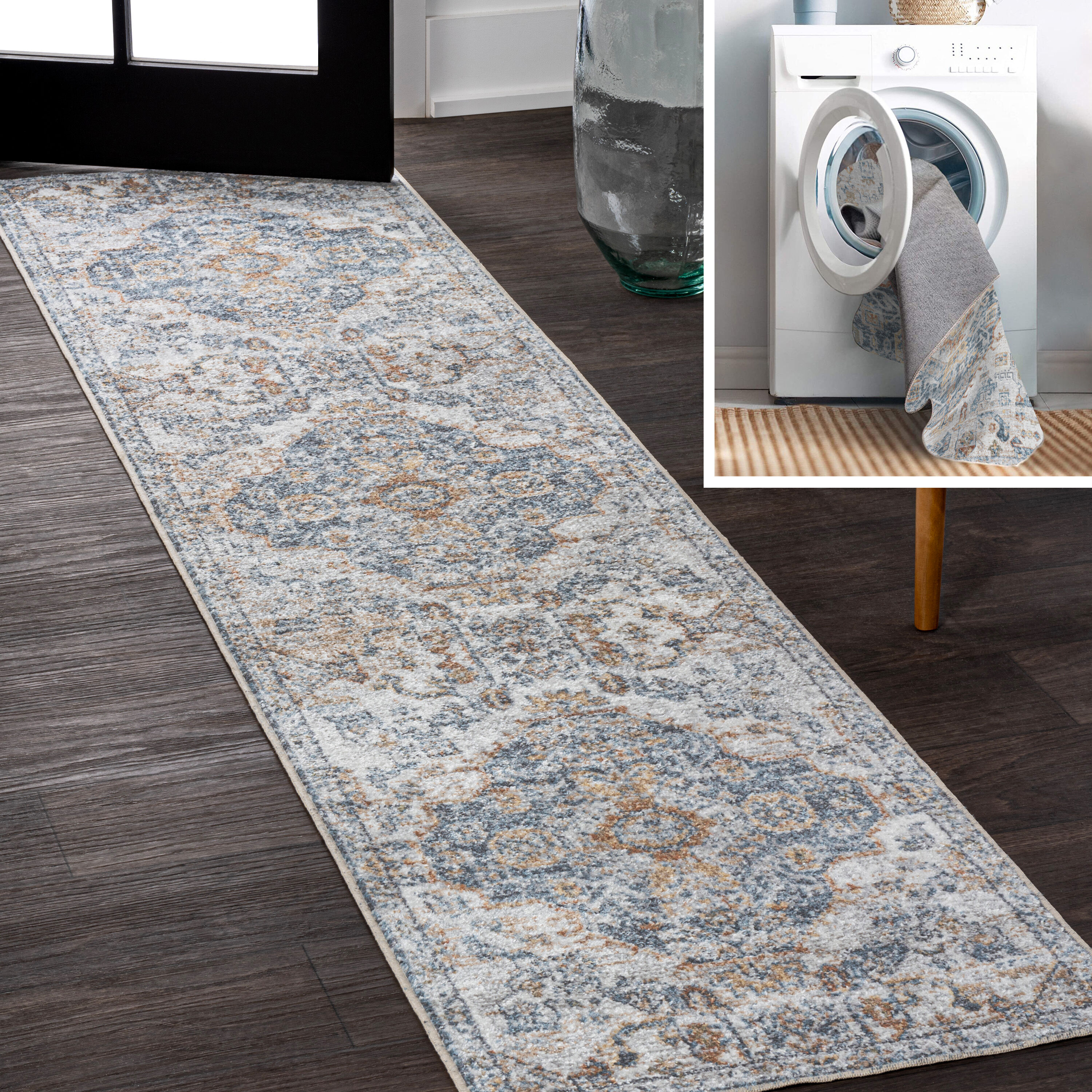 JONATHAN  Y WSH320C-28 WASHABLE Shaemus Bohemian Medallion Low-Pile 2 x 8 (ft) Loomed Polyester Cream/Blue/Terra Rectangular Indoor Medallion Global Machine washable Runner rug
