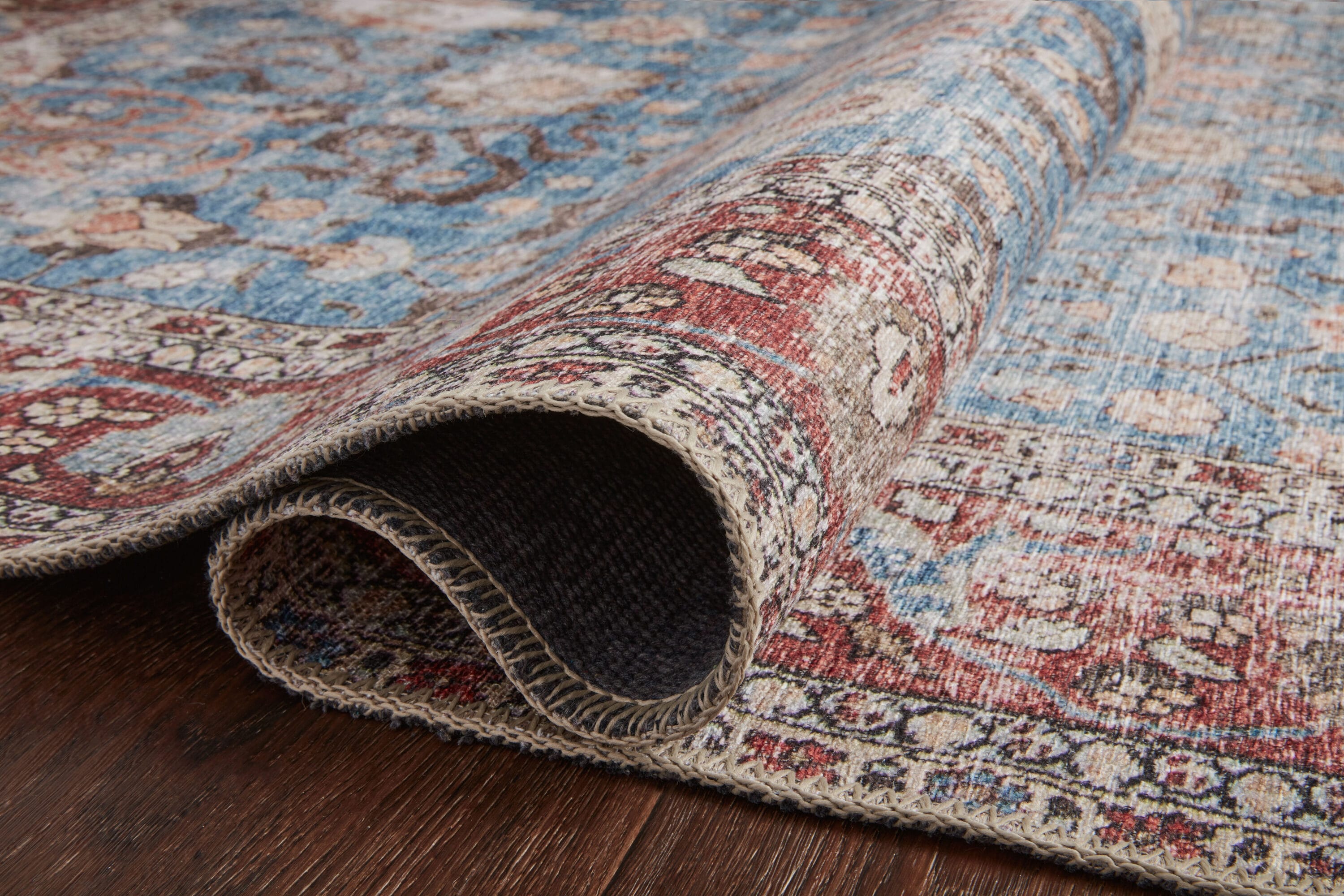 Loren Blue and Brick Vintage Polyester Area Rug 7'-6" x 9'-6"