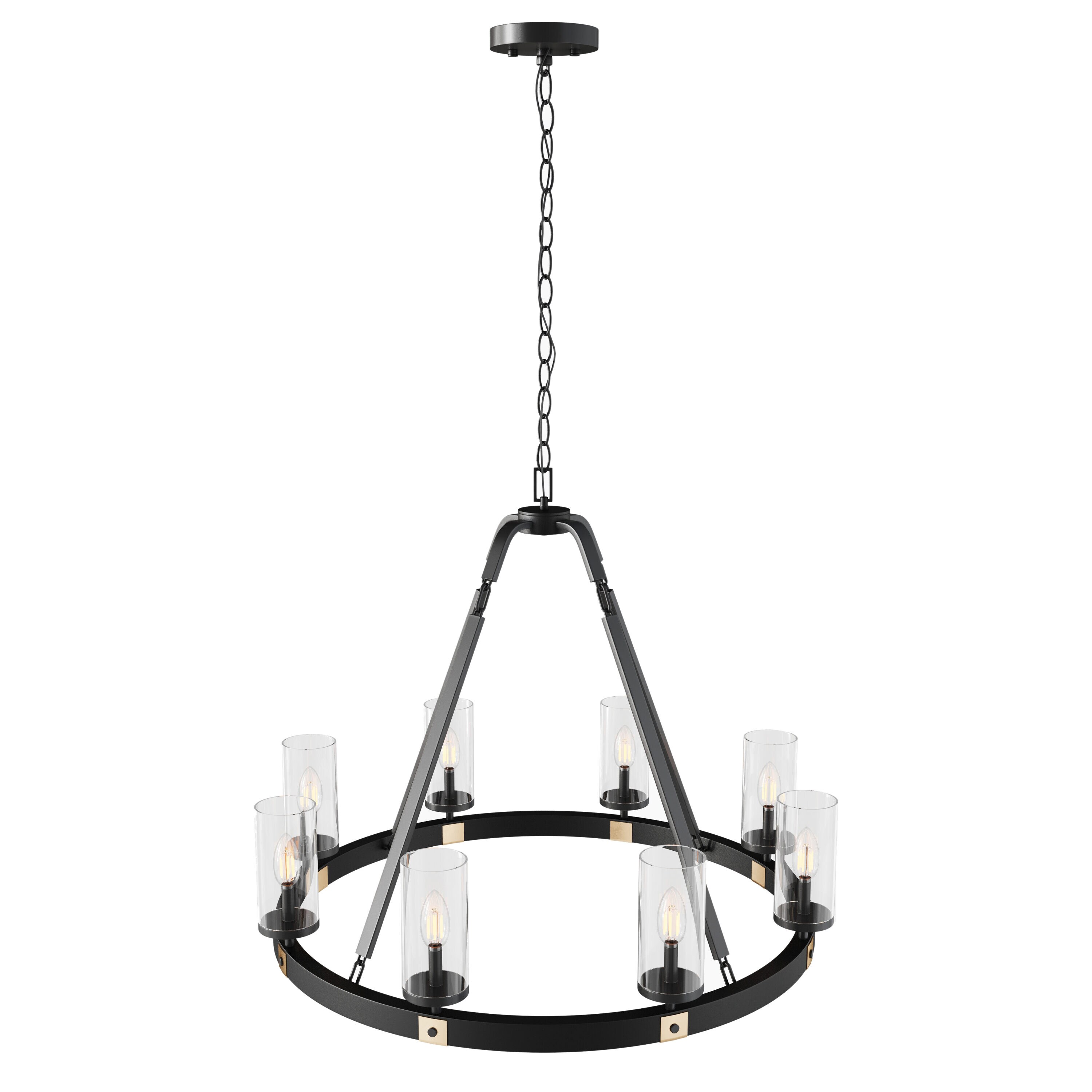 Black Industrial Wagon Wheel Candle Chandelier with Clear Glass Shades