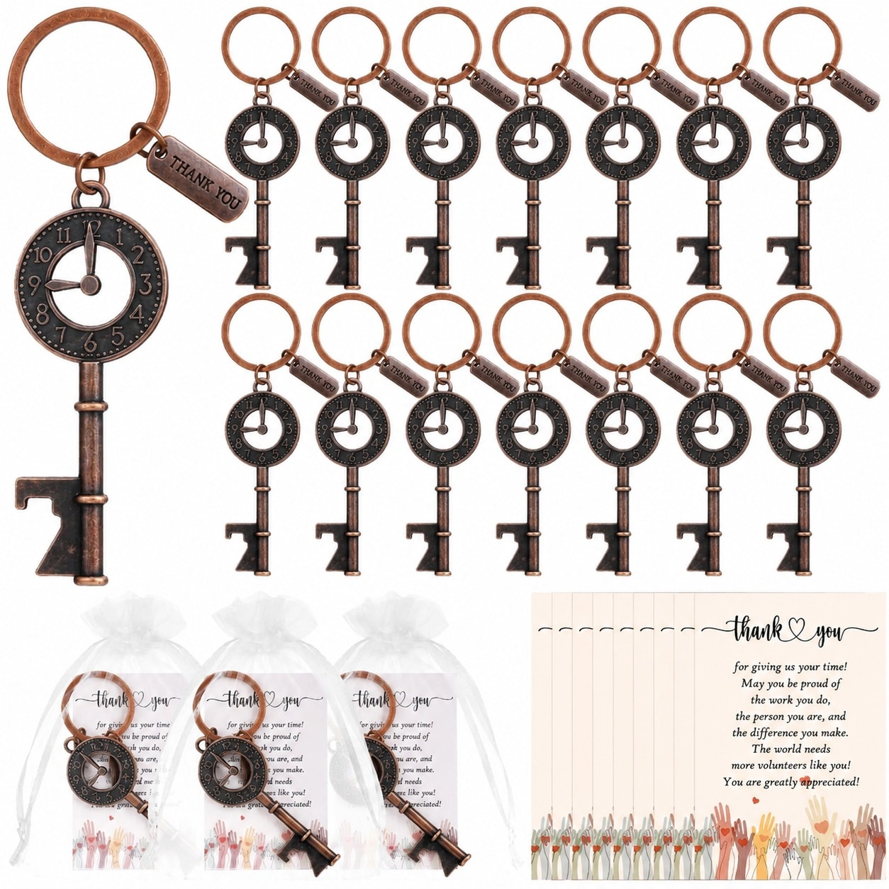 Aoibox  50 Pack Volunteer Appreciation Clock Bottle Opener Keychains with Thank You Cards and Organza Gift Bags