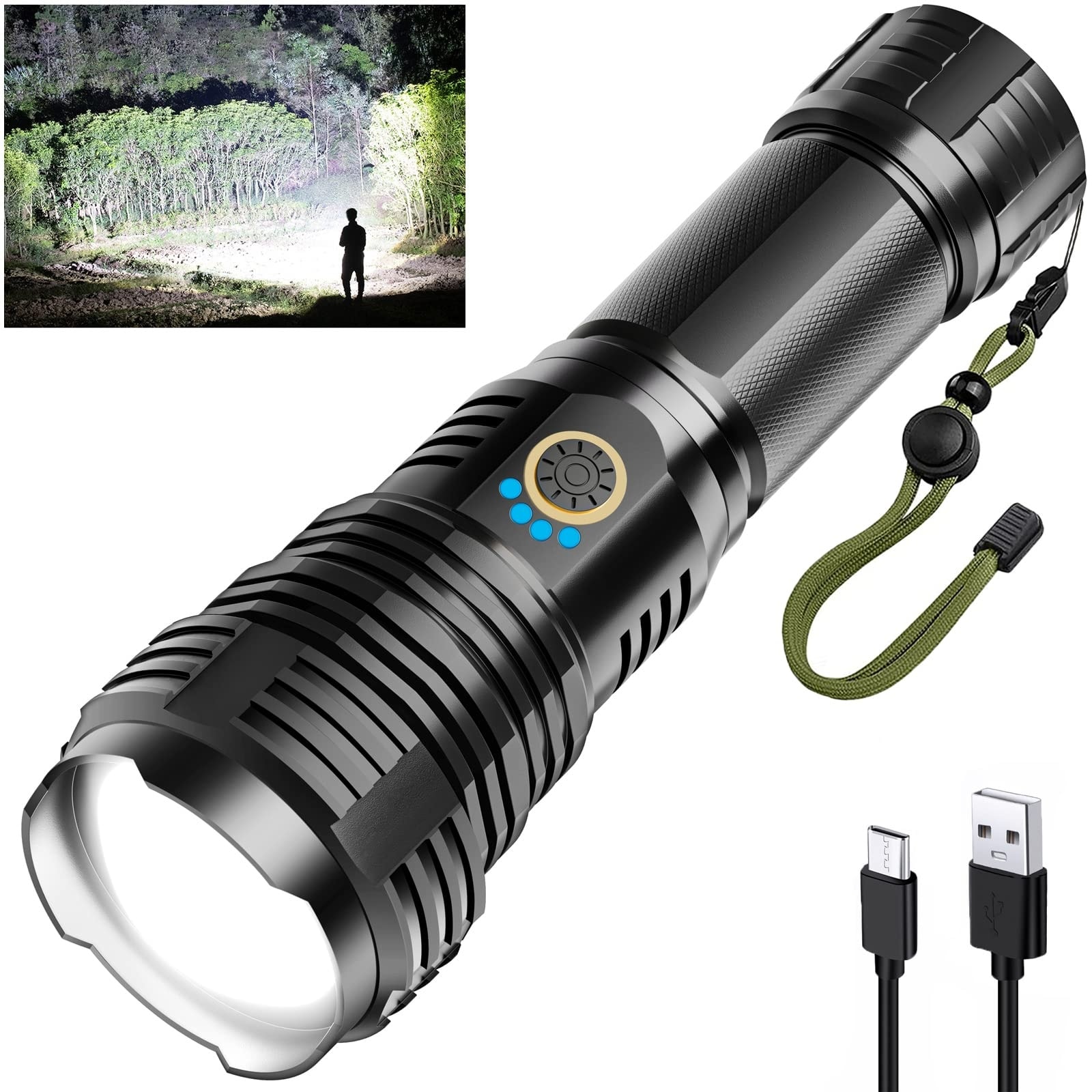 Justincity Rechargeable Flashlight 12000 Lumens High Power LED 5 Mode Zoomable Waterproof Tactical Light USB C Charging 1 Piece for Home Camping Emergency #LJT0502F10