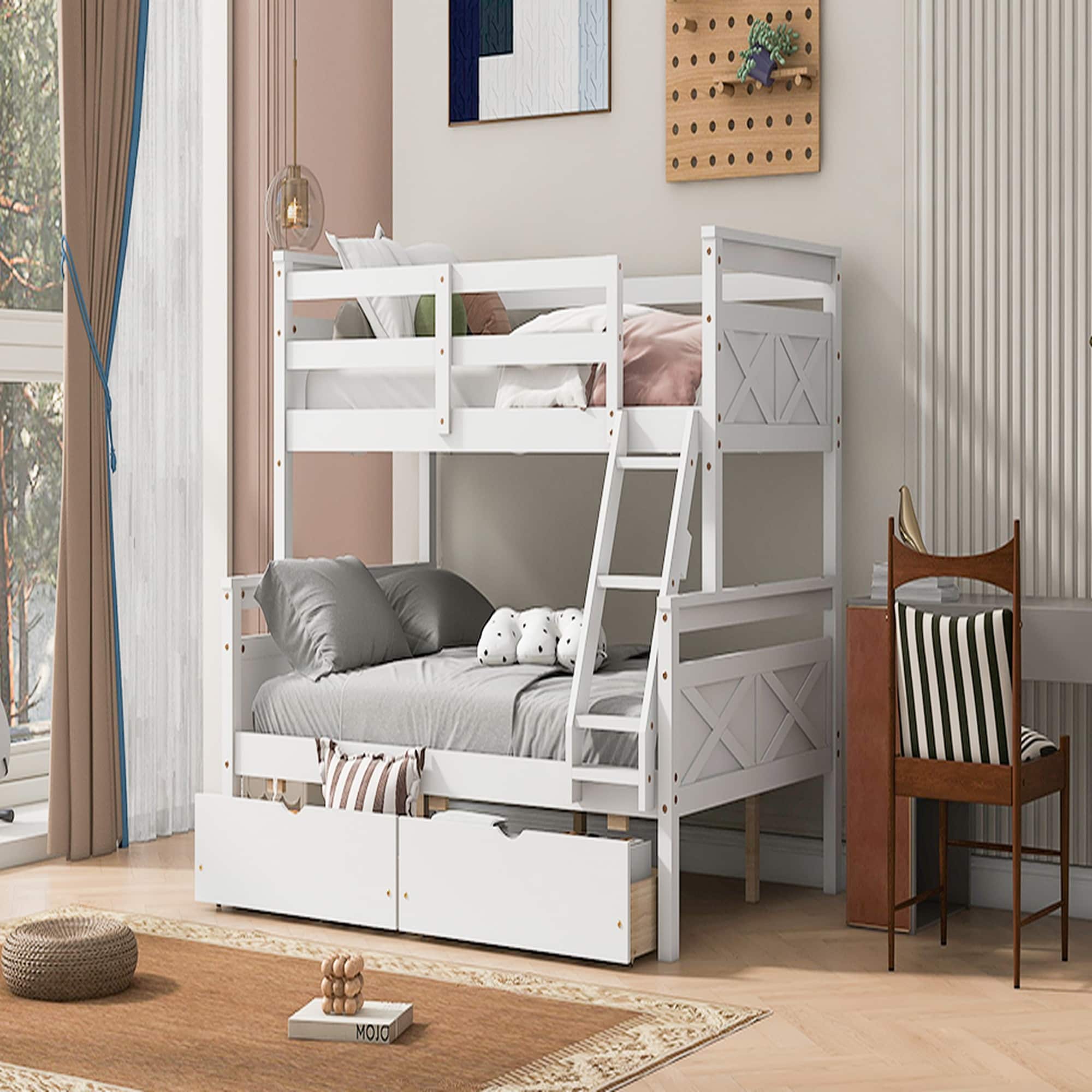 HyperDrop Cart White Twin Over Full Bunk Bed Frame with Side Ladder/ 2 ...