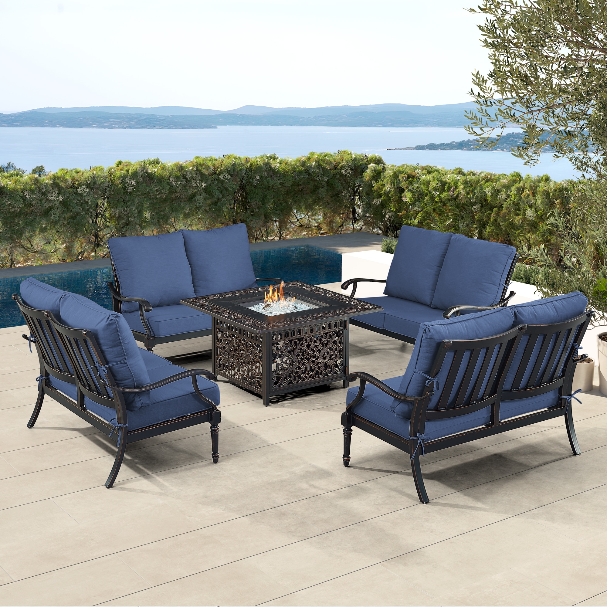 Oakland Living SHAO4LSMAYANBLCUA Fire Pit Table Set, Four Loveseats and Wind Guard 22-Piece Patio Conversation Set with Blue Cushions