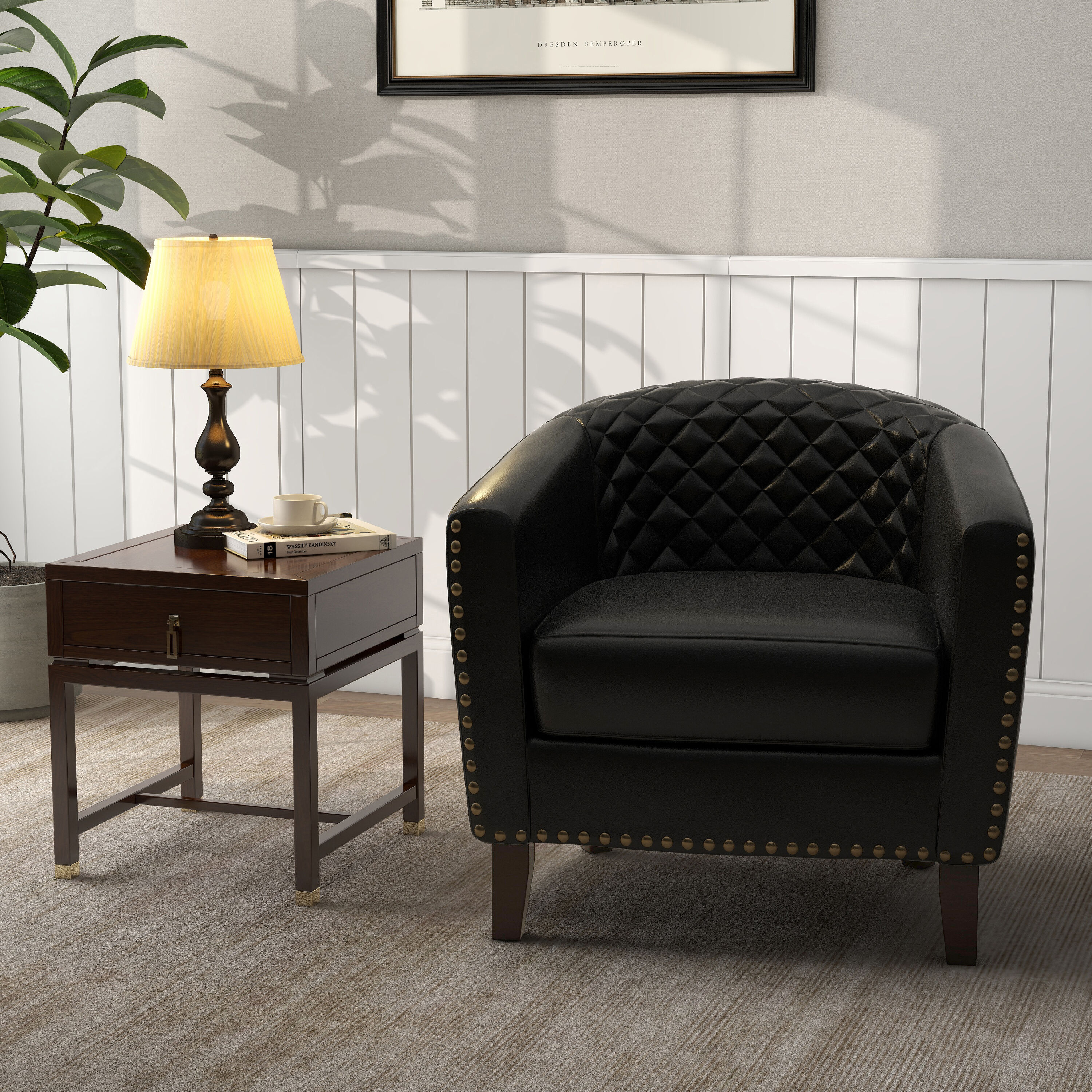Dreamsidea - Leather Upholstered Diamond Lattice Barrel Accent Chair Black