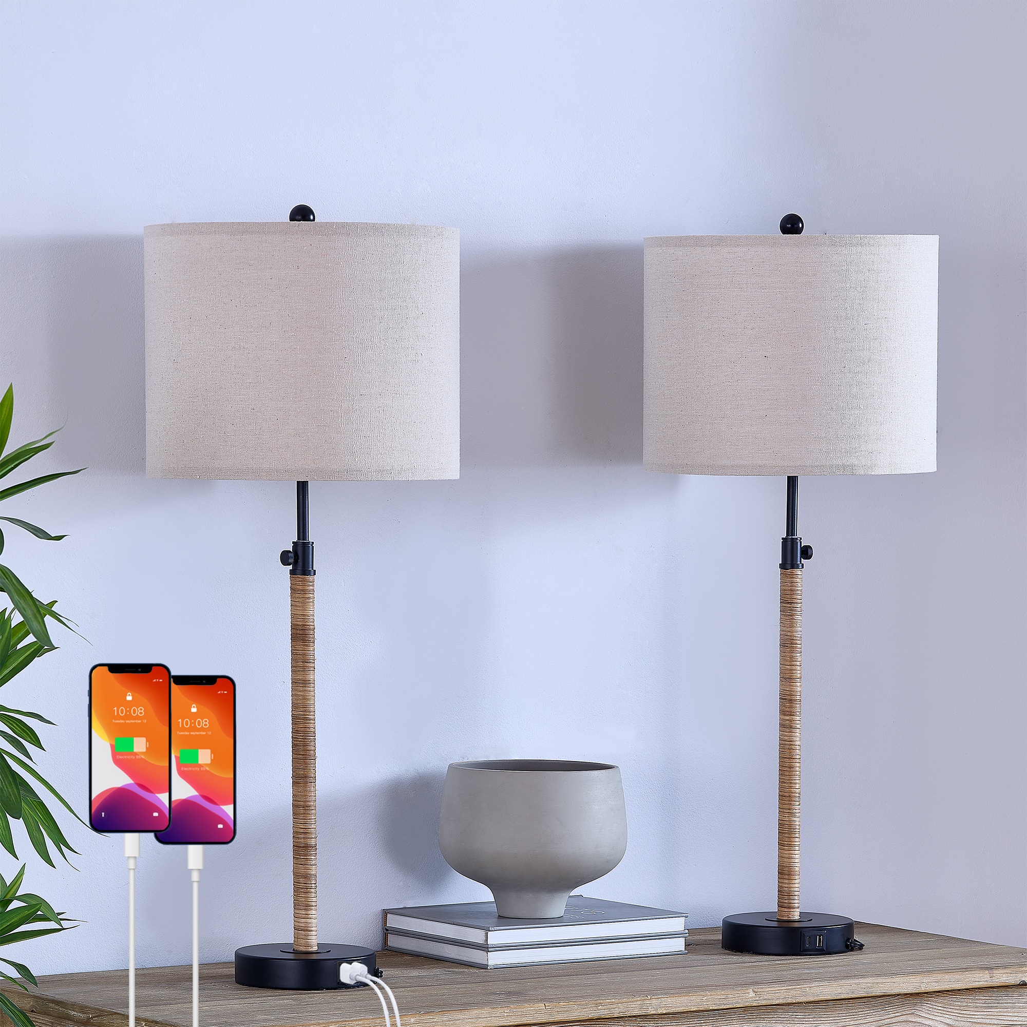 Maxax T261-BK Deluxe 33-Inches Black LED Incandescent Rotary socket Table Lamp with Linen Shade 2 -Set