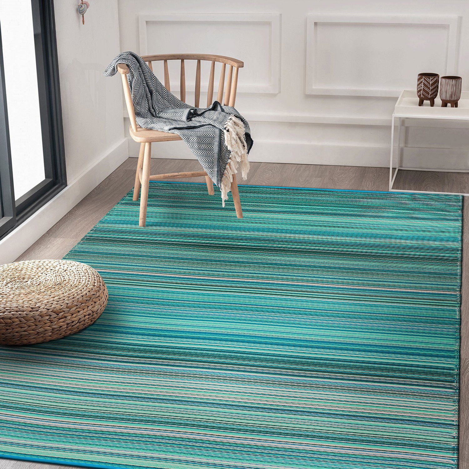 Blue and Green Striped Synthetic Reversible Area Rug 8' x 10'