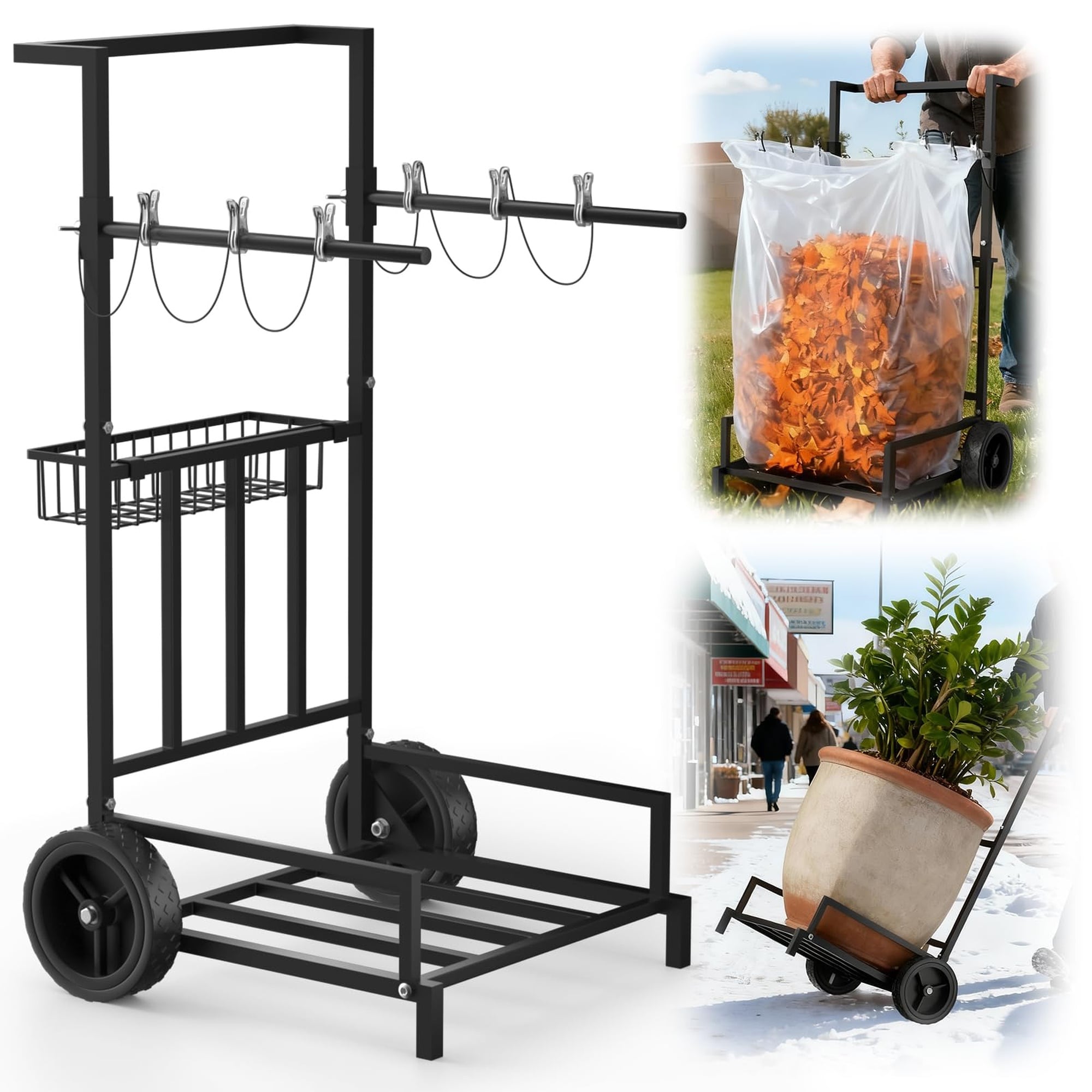 Numhew 2-in-1 Leaf Bag Holder Cart Hand Truck Black Garden Trash Bag Stand