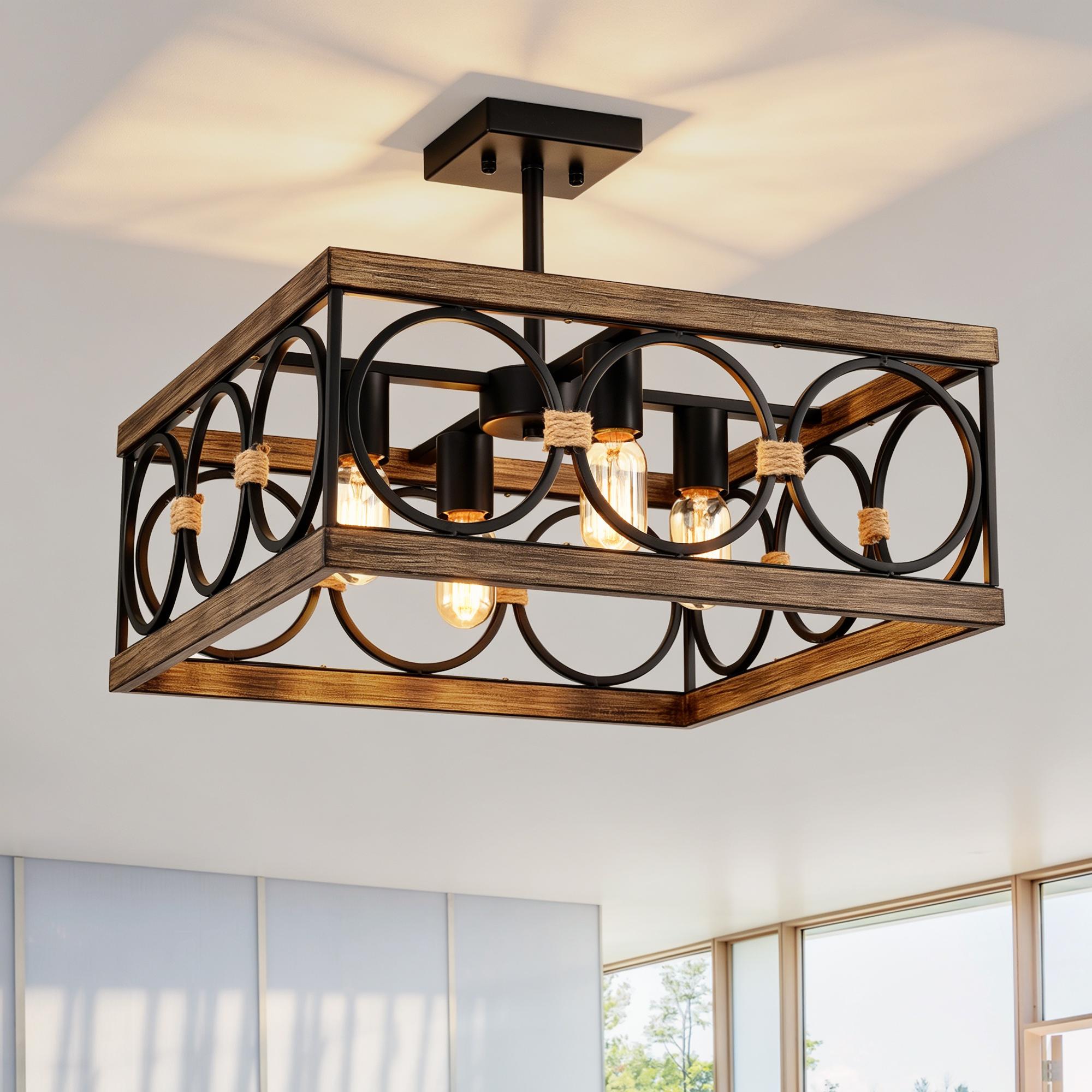 Bayfeve 4-Light Natural Wood And Black Metal Square Semi Flush Mount Ceiling Light (Bulb Not Included)