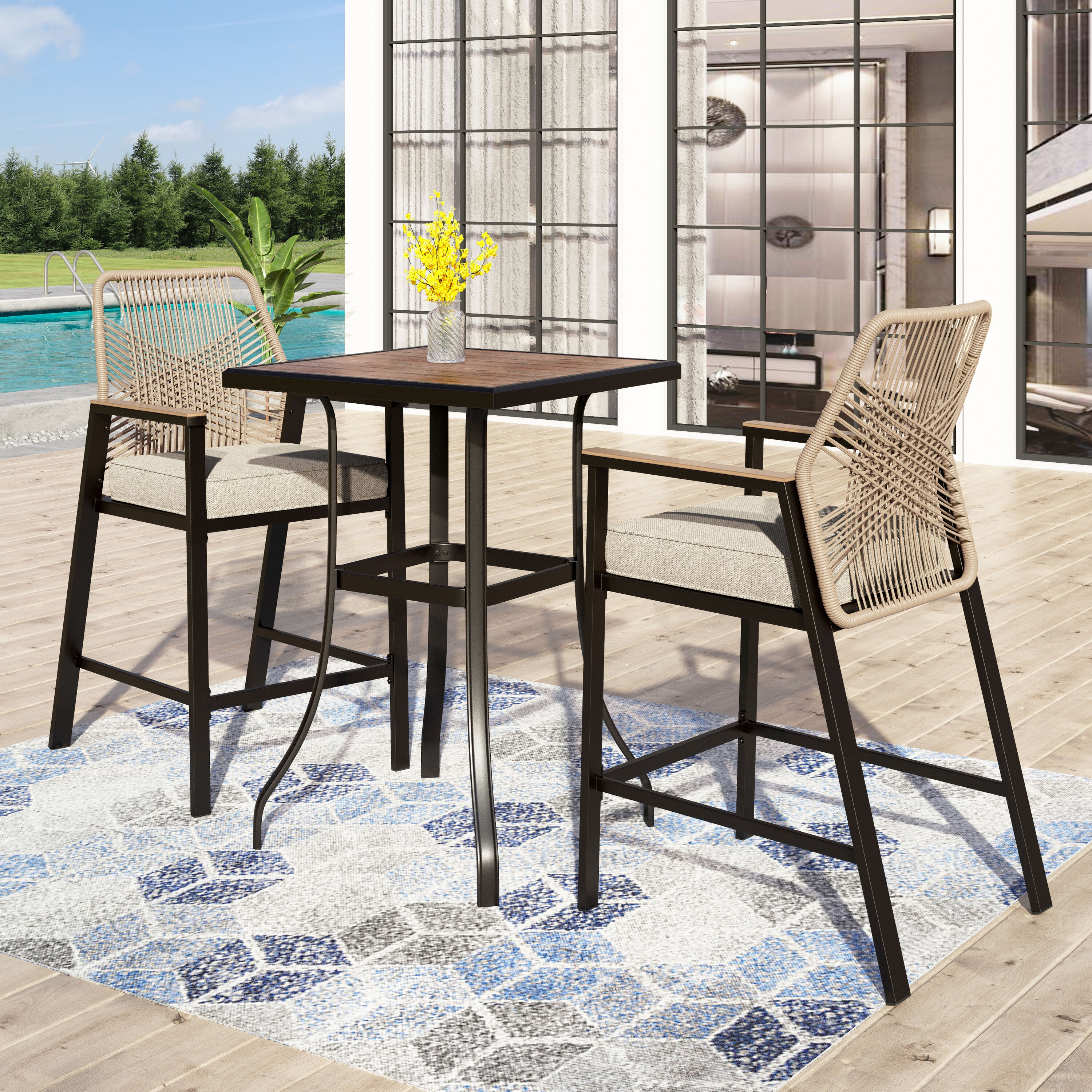 Sunshine Valley 5-E02GF030800301-100 Outdoor Table and Chairs 5 -Piece Black Balcony Height Patio Dining Set Steel Square Table with 4 Brown Swivel Chairs
