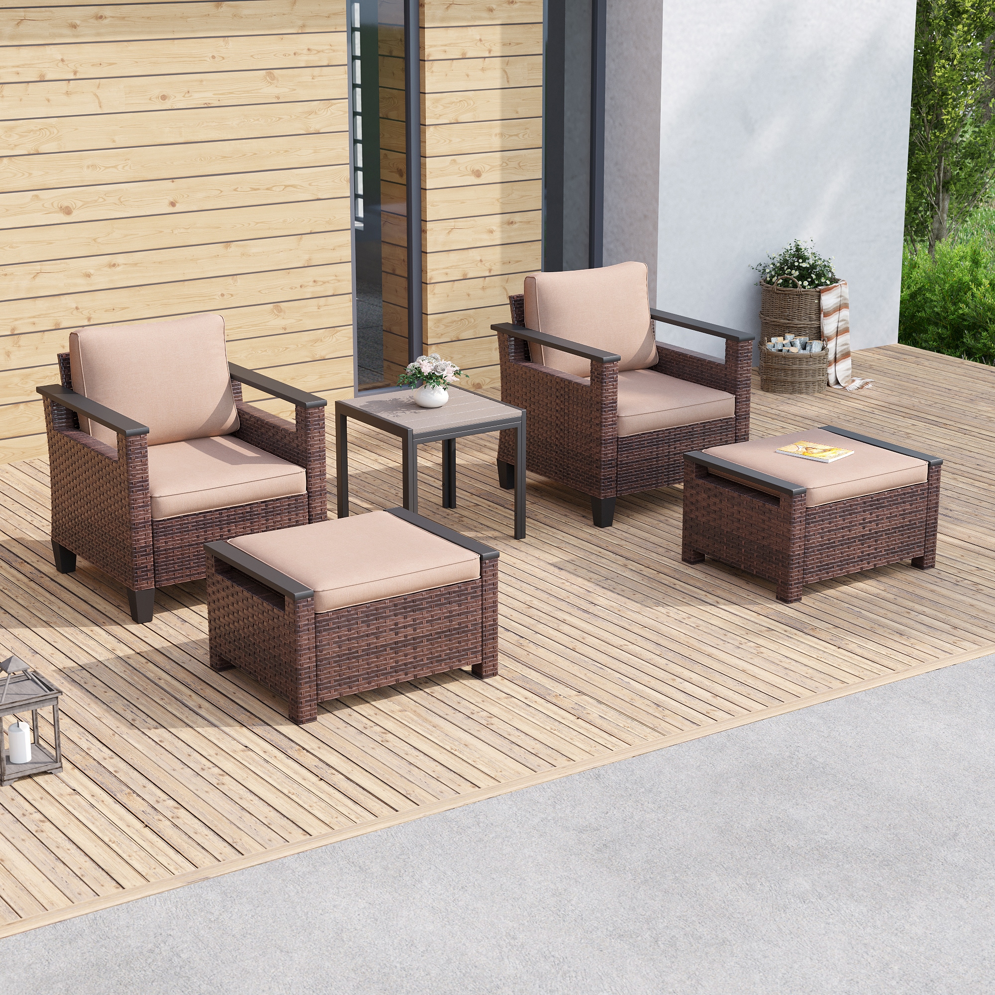 Sonkuki SD-015BG-H 5 -Piece Rattan Patio Conversation Set with Tan Cushions