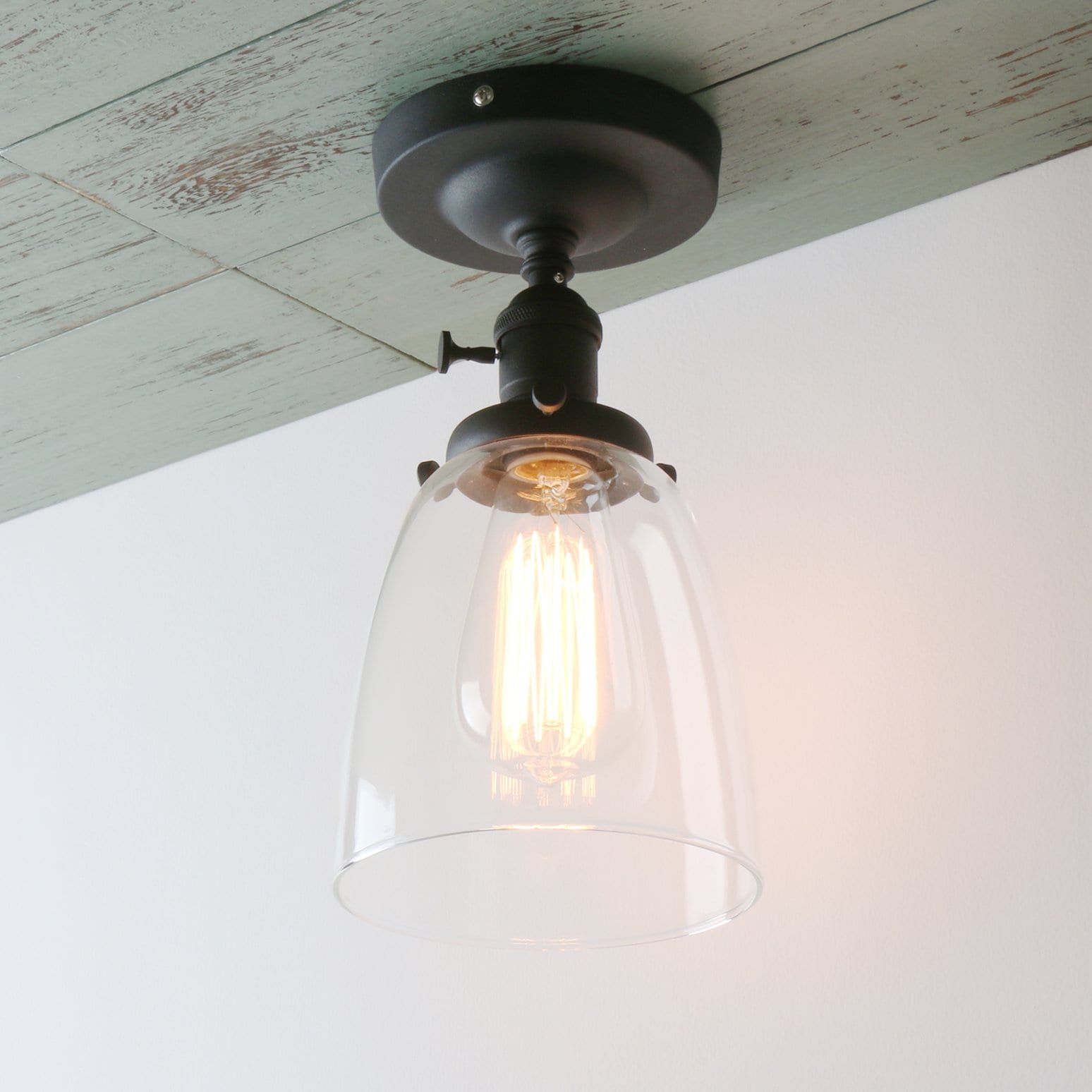 Ahfiwaso  Industrial Semi Flush Mount Ceiling Light Vintage Black Hallway Fixture with Glass Lampshade for Kitchen Entryway
