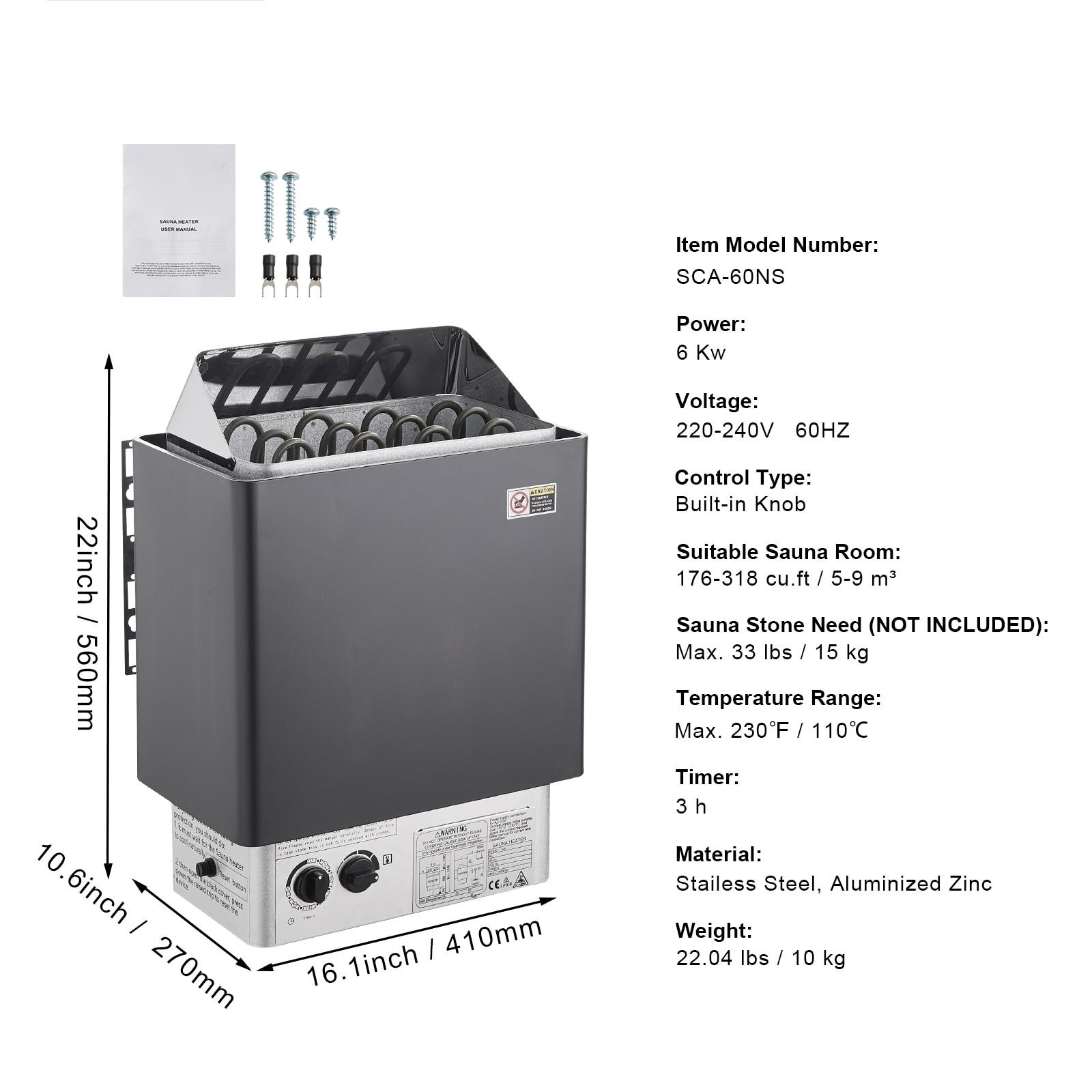 VEVOR 6KW Black Stainless Steel Electric Sauna Heater