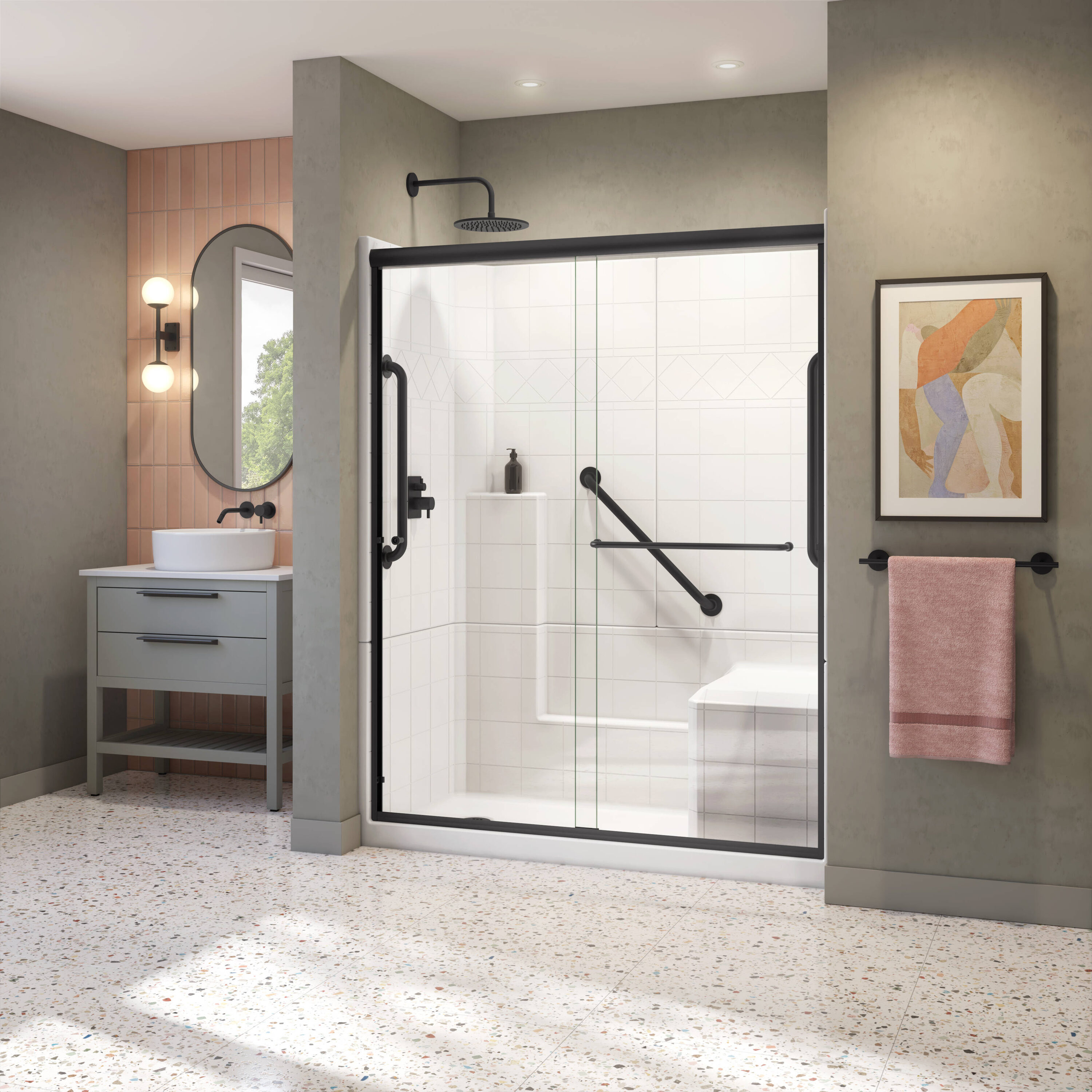 Laurel Mountain Loudon 4 -Piece 33-in W x 60-in L x 77-in H Rectangular Alcove shower kit ( Left Drain) with Integrated Seat Base, Wall, Door and Drain Included Black Hardware Included #LM6032SH1S3PRWM3