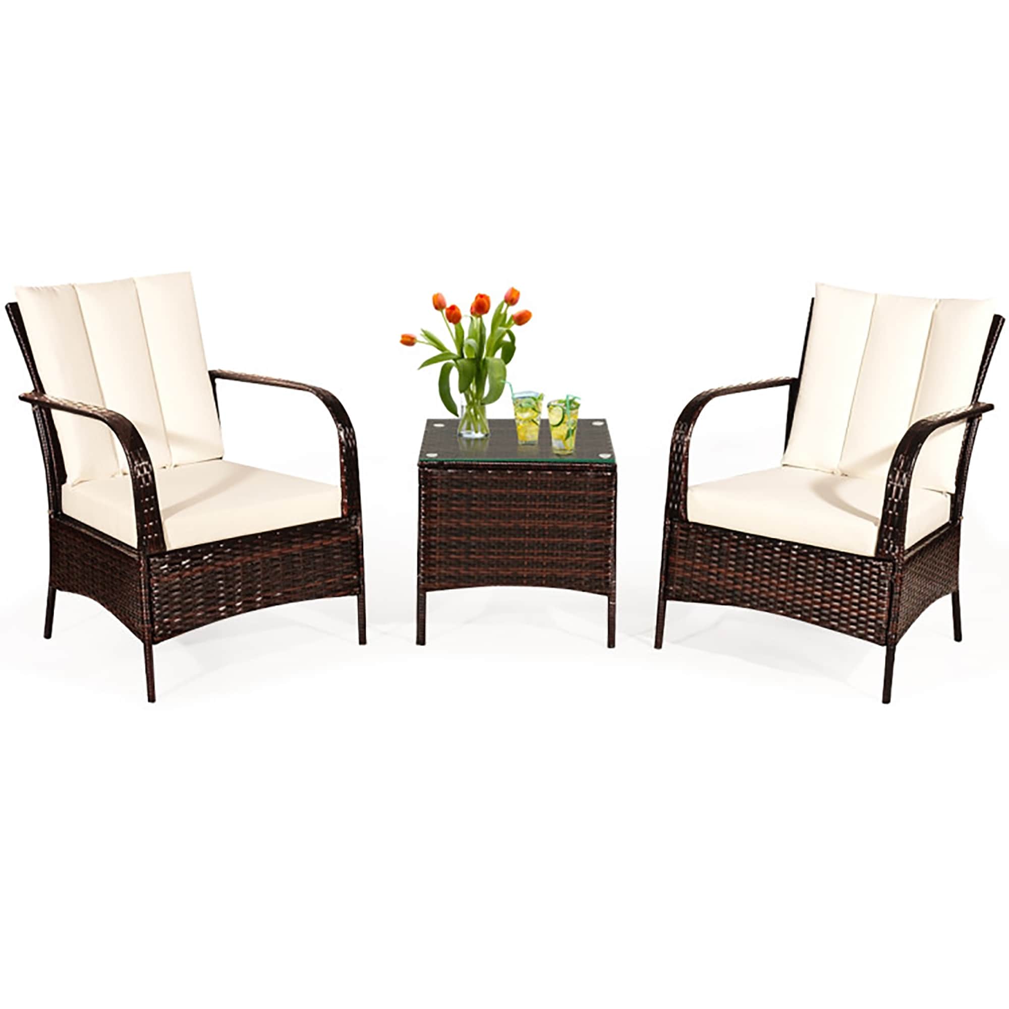 CASAINC WF-HW58621BE 3 Pieces Patio Rattan Conversation Set with Glass Top Coffee Table and Cushions 3 -Piece Rattan Patio Conversation Set with White Cushions
