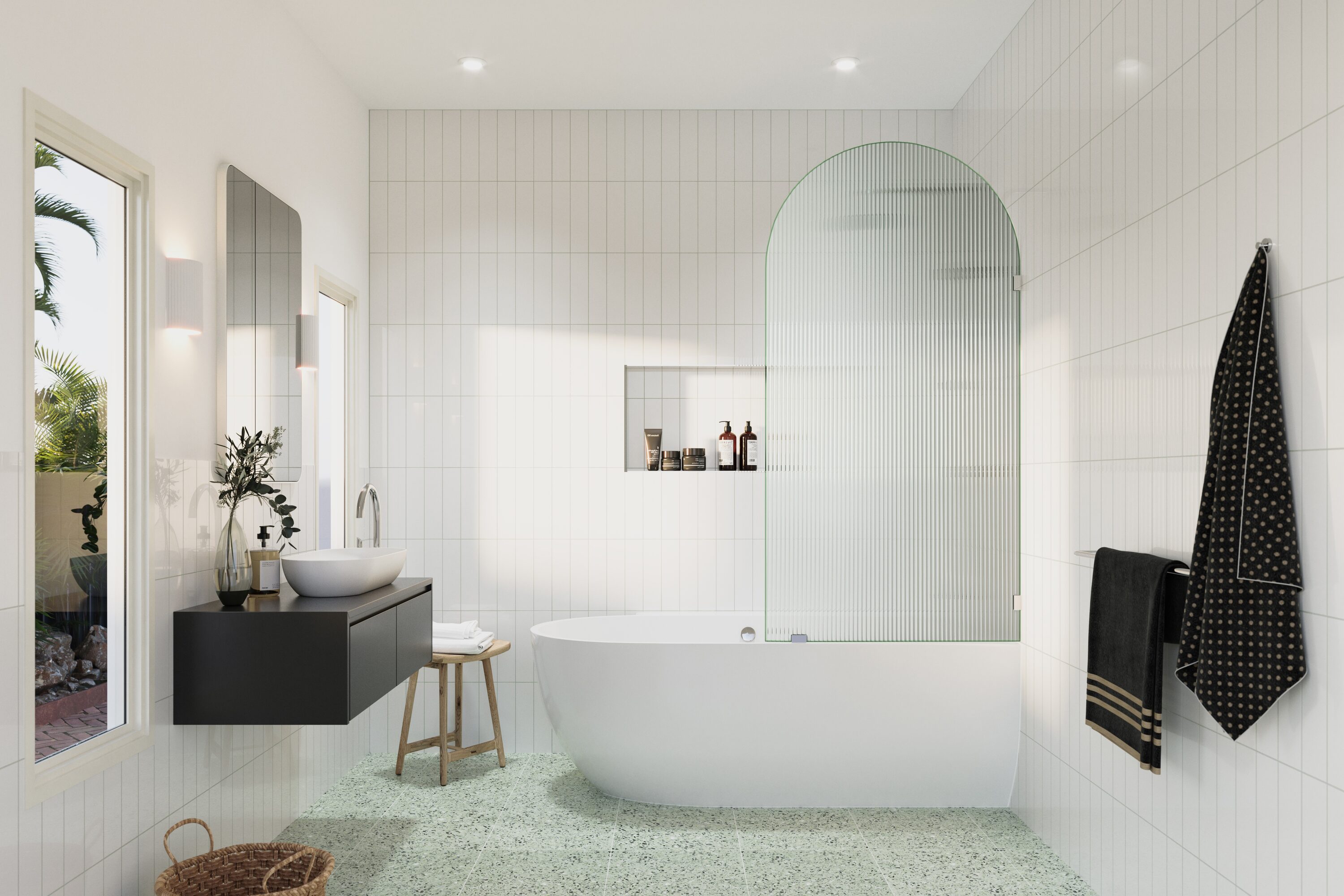 Maven 34" x 66.75" Frameless Arched Fluted Glass Bath Panel