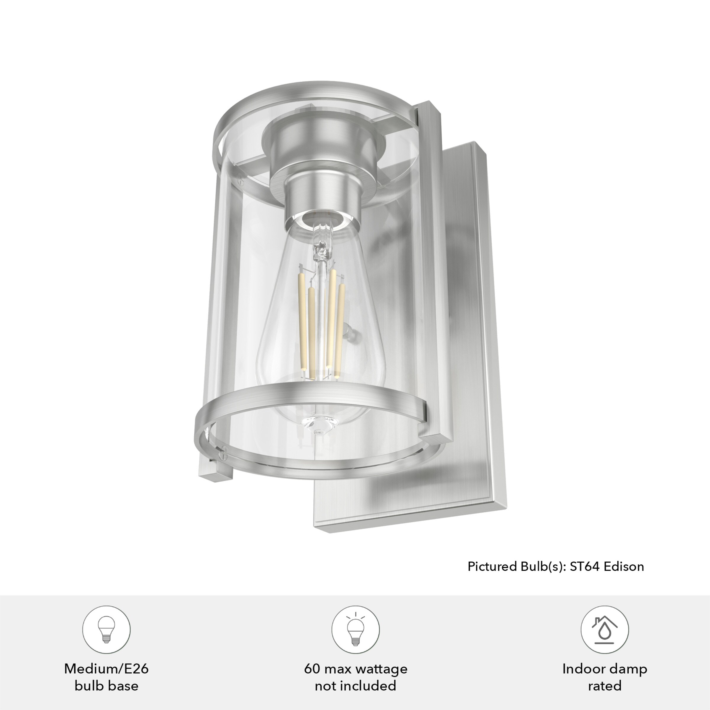 Brushed Nickel Dimmable Wall Sconce with Clear Glass Shade