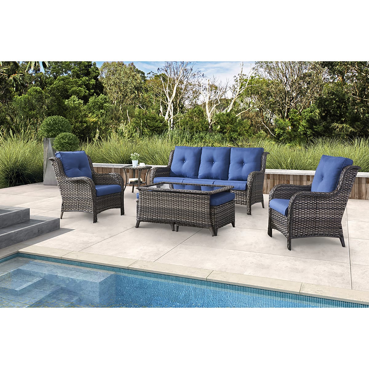 Rilyson FS017015016019026-1 7 -Piece Wicker Patio Sofa Conversation Set with Blue Cushions